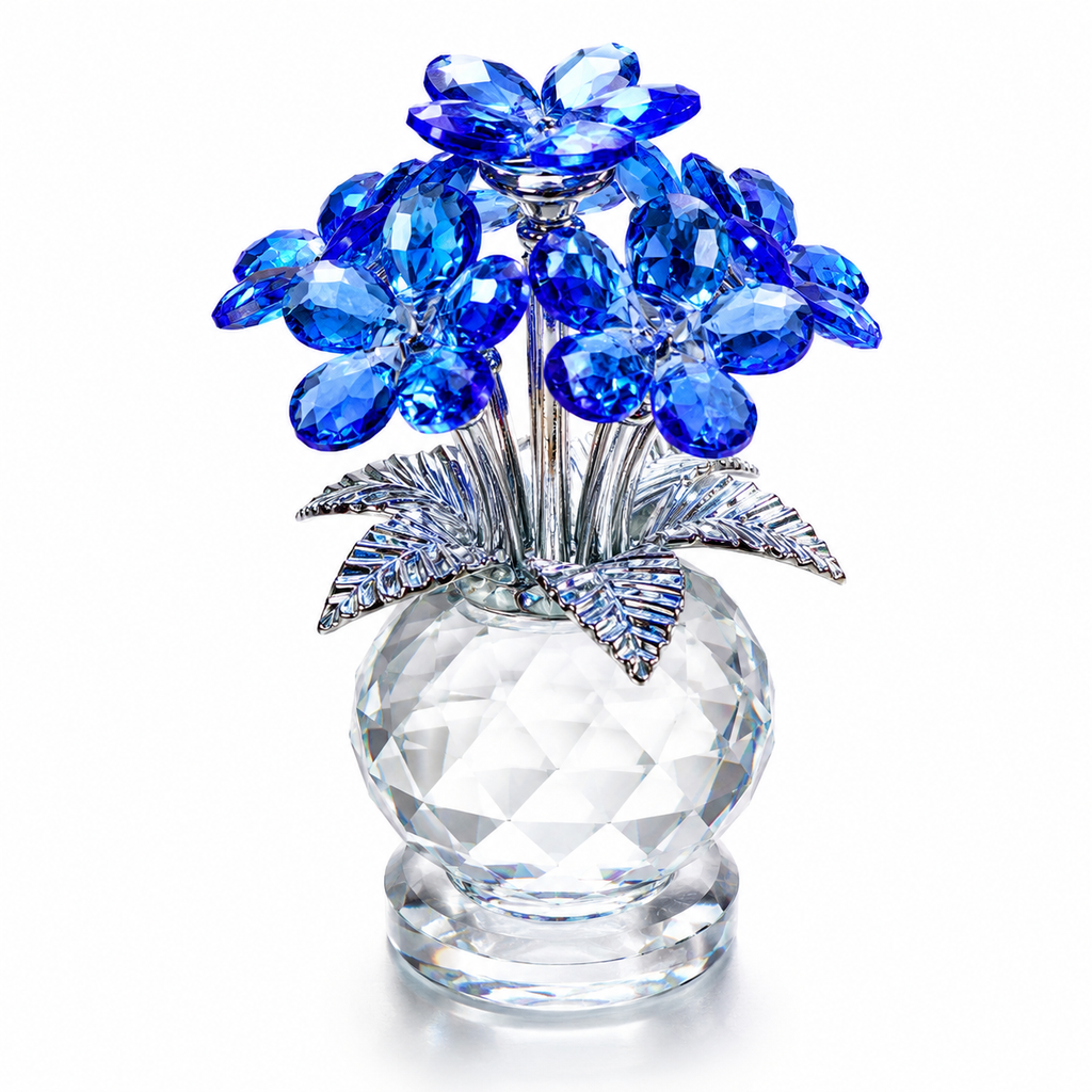 Crystal Forget Me Not Flower Figurine Gift for Women, Handmade Blue K9 Crystal Flower Bouquet with Metal Stem, Glass Collectible Decoration for Home Office Desk, Birthday Mother's Day