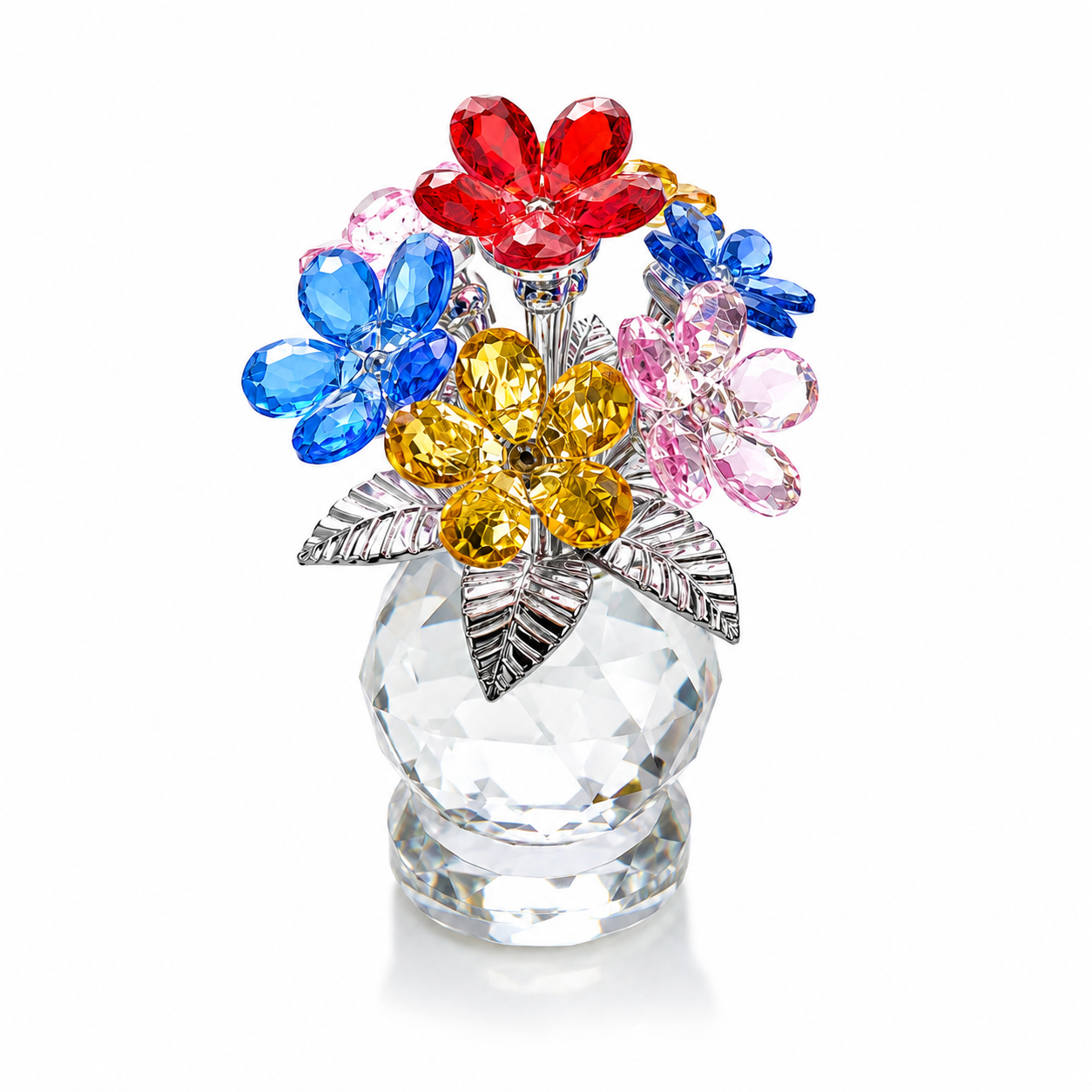 Colorful Crystal Forget Me Not Flower Figurine Gift for Women, Handmade K9 Crystal Flower Bouquet with Red Pink Blue Yellow Blossoms, Glass Collectible Decoration for Home Office Desk