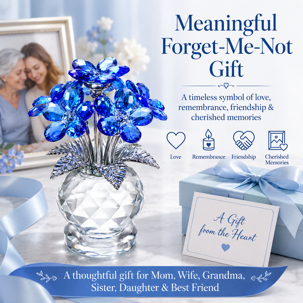 Crystal Forget Me Not Flower Figurine Gift for Women, Handmade Blue K9 Crystal Flower Bouquet with Metal Stem, Glass Collectible Decoration for Home Office Desk, Birthday Mother's Day