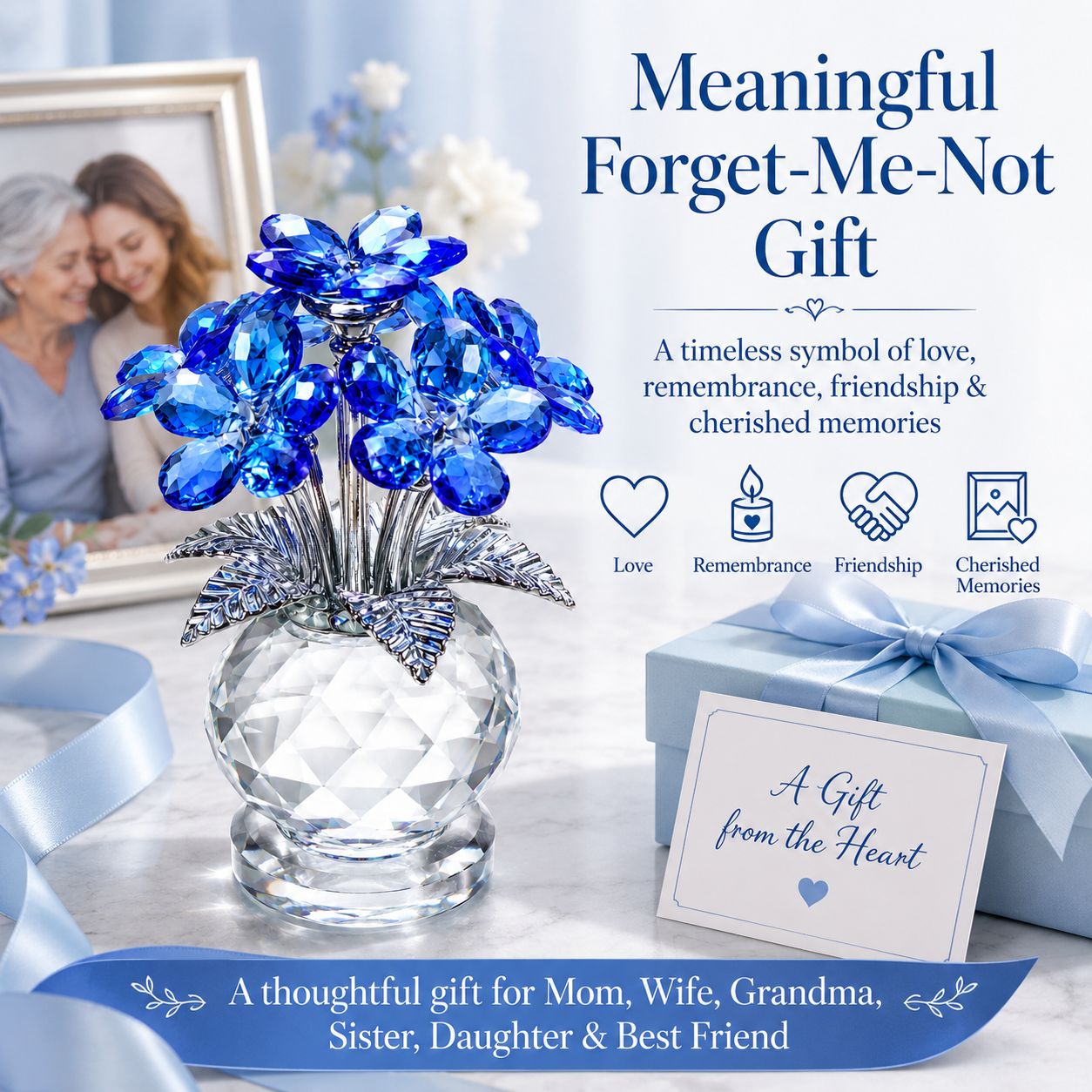 Crystal Forget Me Not Flower Figurine Gift for Women, Handmade Blue K9 Crystal Flower Bouquet with Metal Stem, Glass Collectible Decoration for Home Office Desk, Birthday Mother's Day