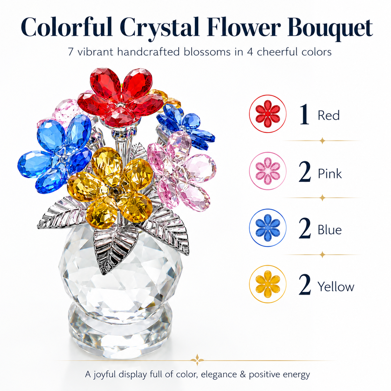 Colorful Crystal Forget Me Not Flower Figurine Gift for Women, Handmade K9 Crystal Flower Bouquet with Red Pink Blue Yellow Blossoms, Glass Collectible Decoration for Home Office Desk