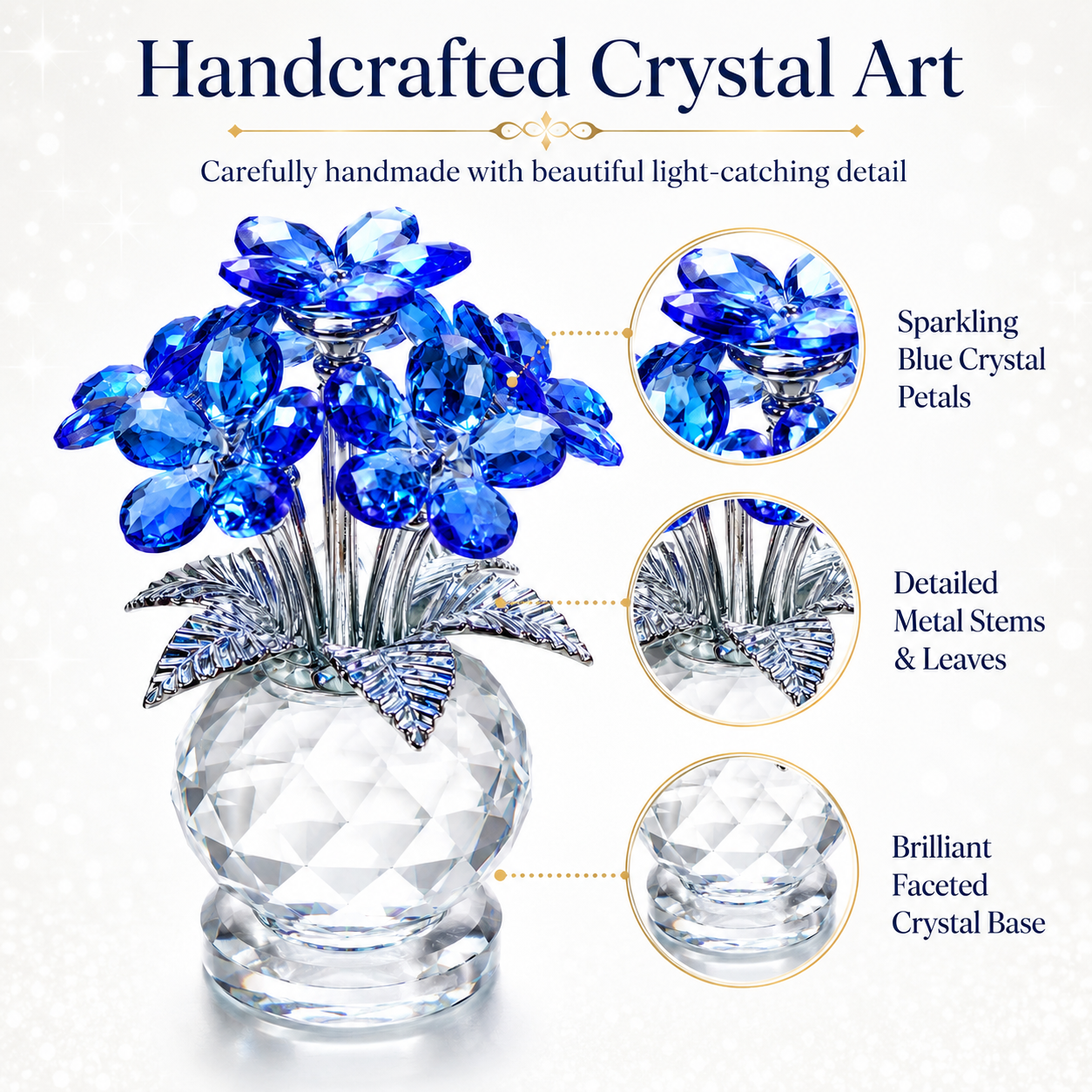 Crystal Forget Me Not Flower Figurine Gift for Women, Handmade Blue K9 Crystal Flower Bouquet with Metal Stem, Glass Collectible Decoration for Home Office Desk, Birthday Mother's Day