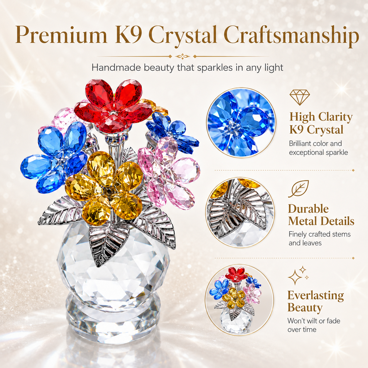 Colorful Crystal Forget Me Not Flower Figurine Gift for Women, Handmade K9 Crystal Flower Bouquet with Red Pink Blue Yellow Blossoms, Glass Collectible Decoration for Home Office Desk