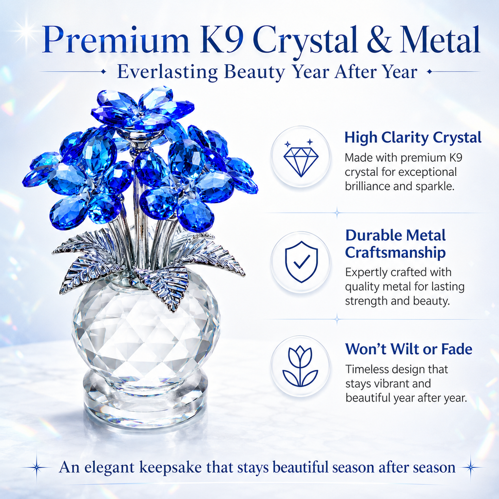 Crystal Forget Me Not Flower Figurine Gift for Women, Handmade Blue K9 Crystal Flower Bouquet with Metal Stem, Glass Collectible Decoration for Home Office Desk, Birthday Mother's Day