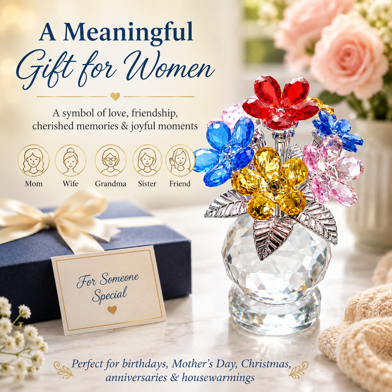 Colorful Crystal Forget Me Not Flower Figurine Gift for Women, Handmade K9 Crystal Flower Bouquet with Red Pink Blue Yellow Blossoms, Glass Collectible Decoration for Home Office Desk