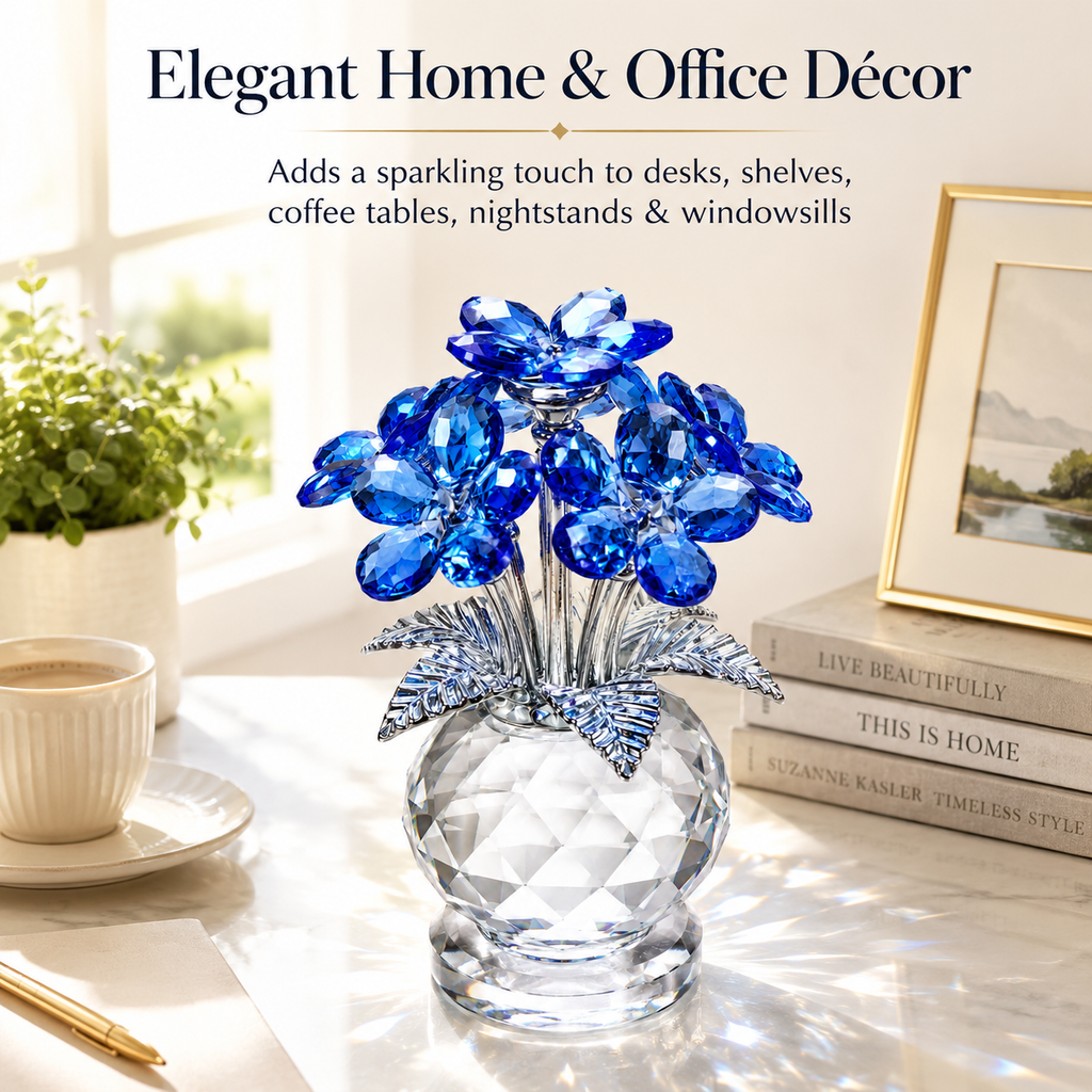Crystal Forget Me Not Flower Figurine Gift for Women, Handmade Blue K9 Crystal Flower Bouquet with Metal Stem, Glass Collectible Decoration for Home Office Desk, Birthday Mother's Day