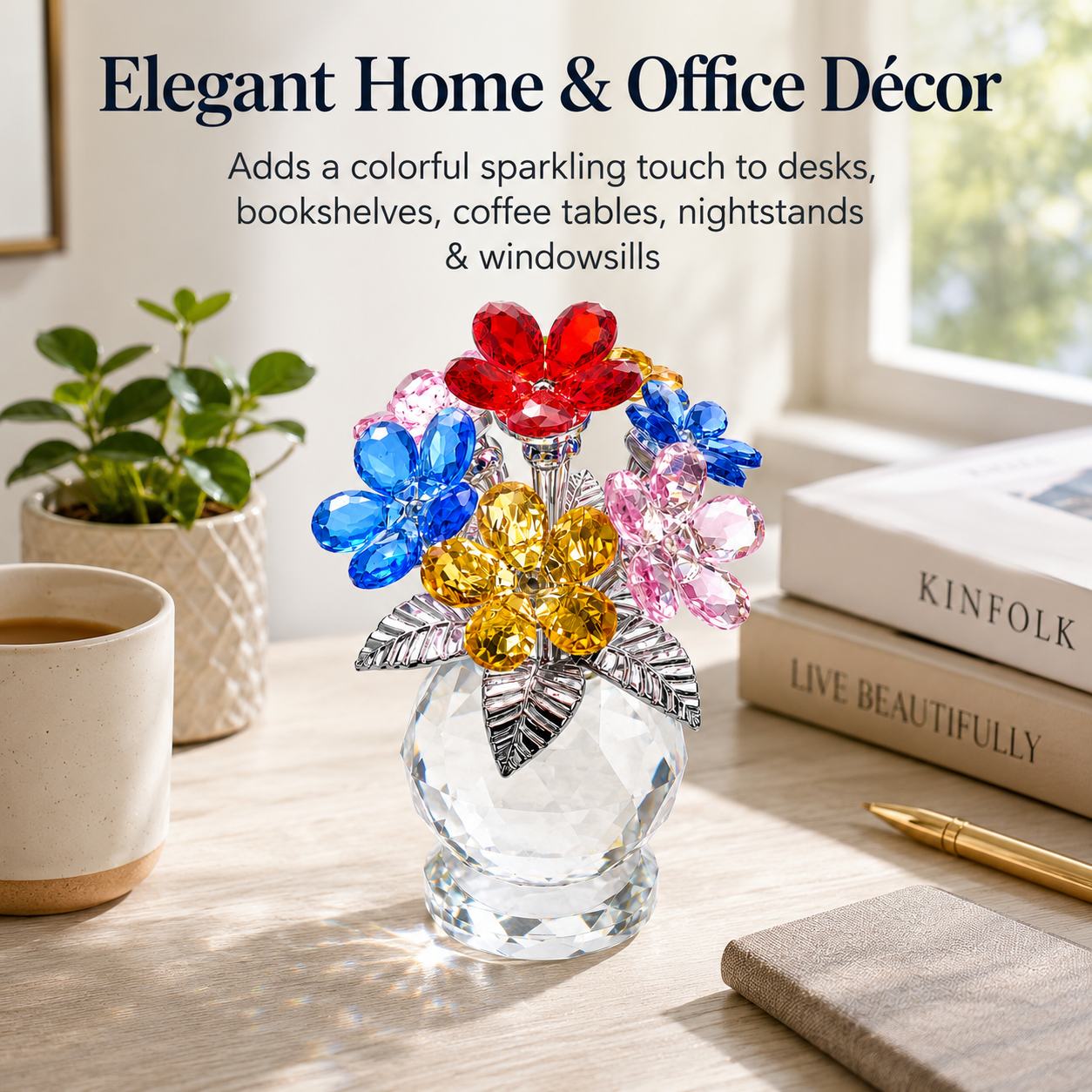 Colorful Crystal Forget Me Not Flower Figurine Gift for Women, Handmade K9 Crystal Flower Bouquet with Red Pink Blue Yellow Blossoms, Glass Collectible Decoration for Home Office Desk