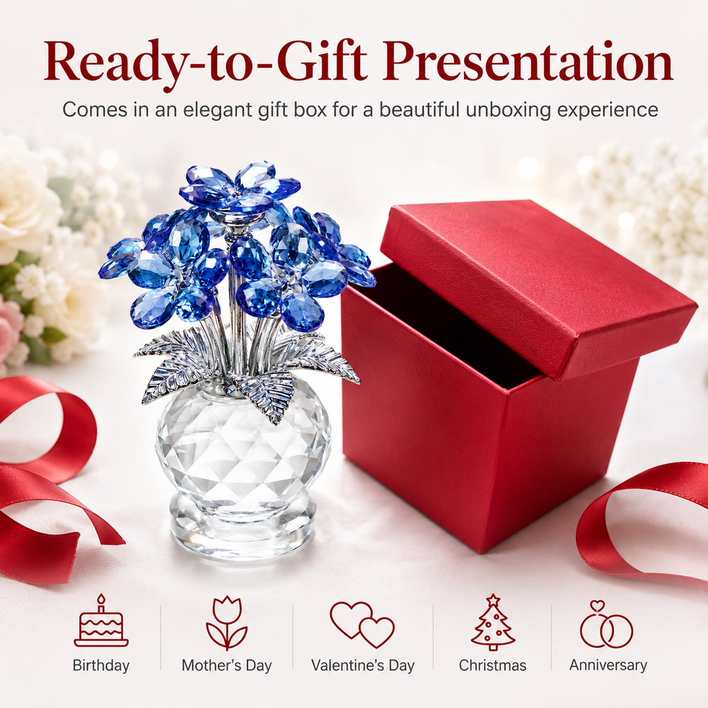Crystal Forget Me Not Flower Figurine Gift for Women, Handmade Blue K9 Crystal Flower Bouquet with Metal Stem, Glass Collectible Decoration for Home Office Desk, Birthday Mother's Day