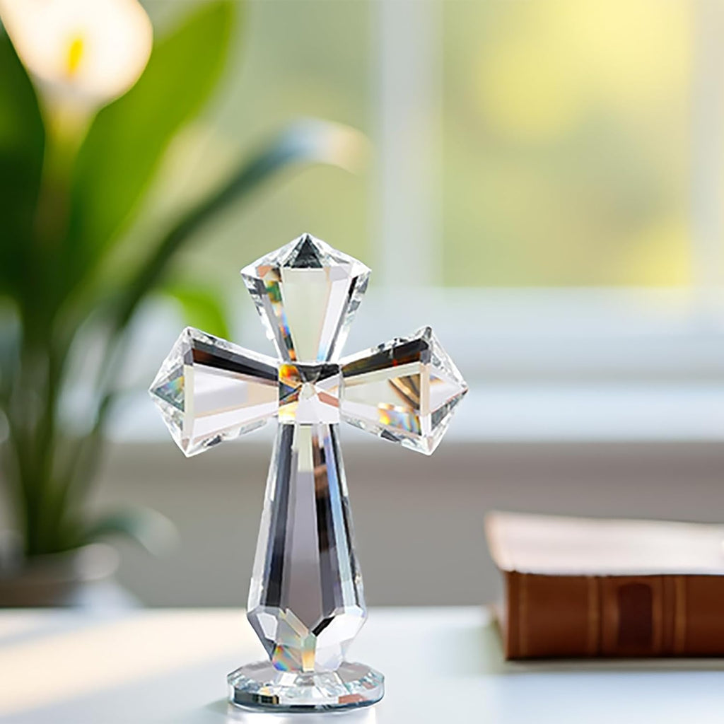 Hand-Carved Crystal Cross Desk Decor - 6 Inch Spiritual Gift for Christians, Clear K9 Crystal Religious Figurine with 360° Faceted Design, Home Altar & Office Inspirational Ornament