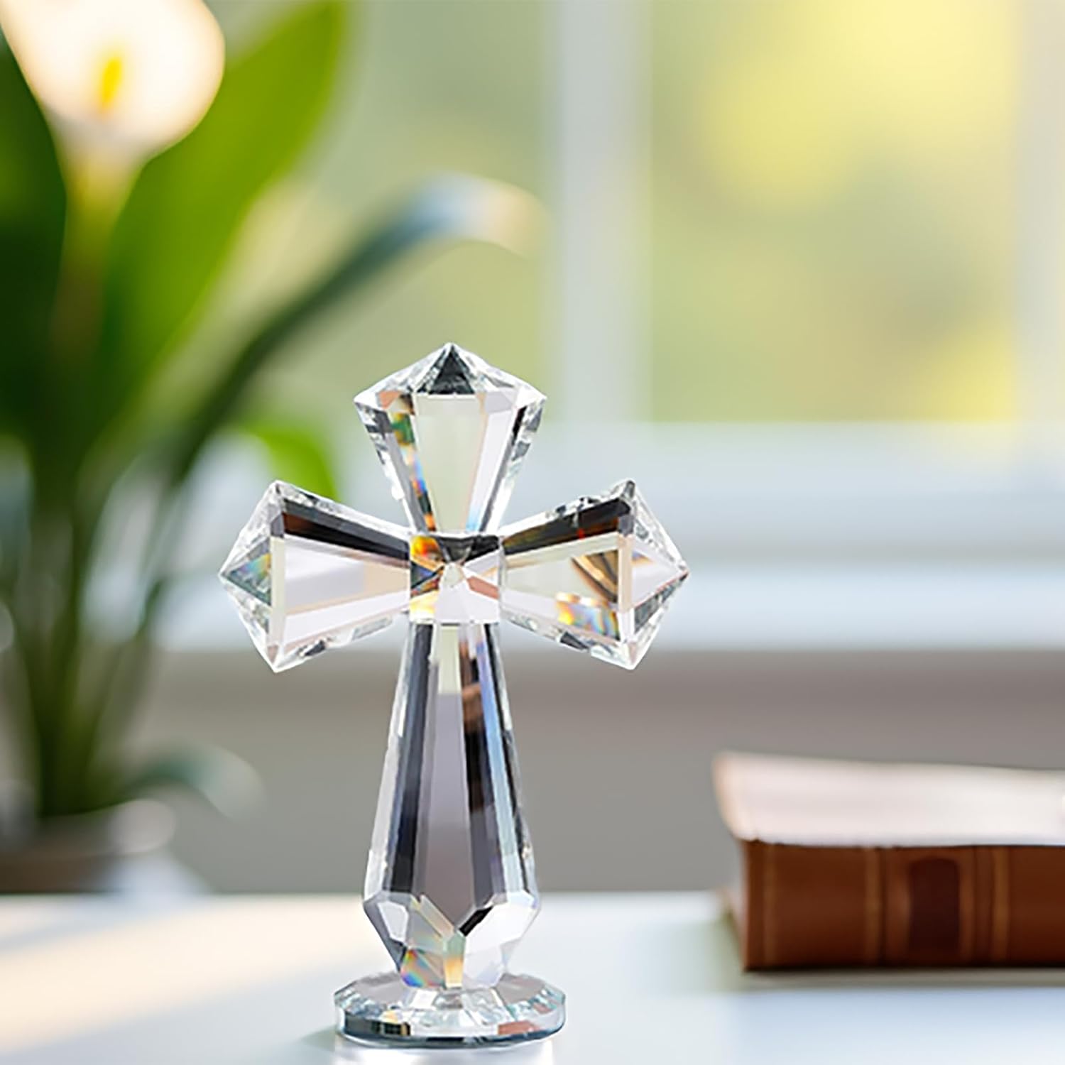 Hand-Carved Crystal Cross Desk Decor - 6 Inch Spiritual Gift for Christians, Clear K9 Crystal Religious Figurine with 360° Faceted Design, Home Altar & Office Inspirational Ornament
