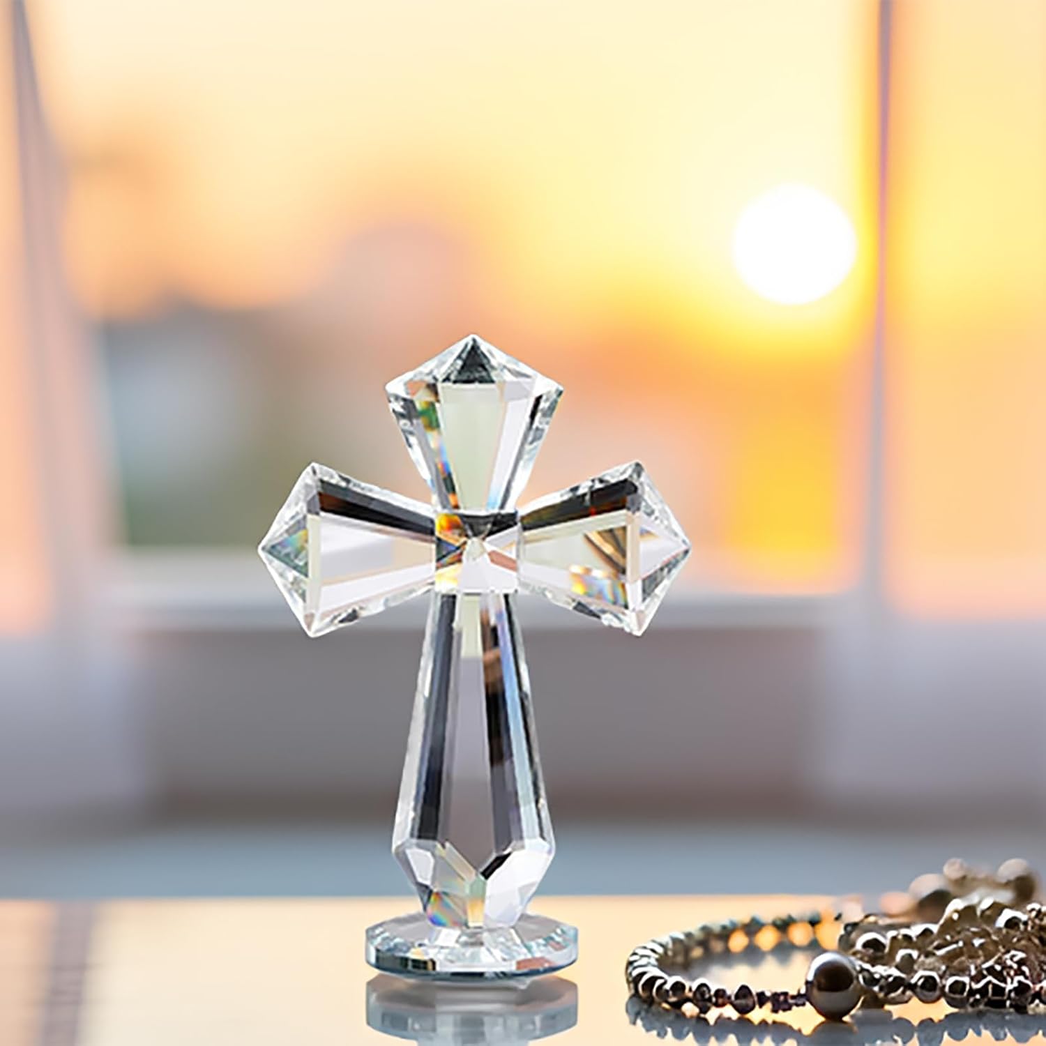 Hand-Carved Crystal Cross Desk Decor - 6 Inch Spiritual Gift for Christians, Clear K9 Crystal Religious Figurine with 360° Faceted Design, Home Altar & Office Inspirational Ornament