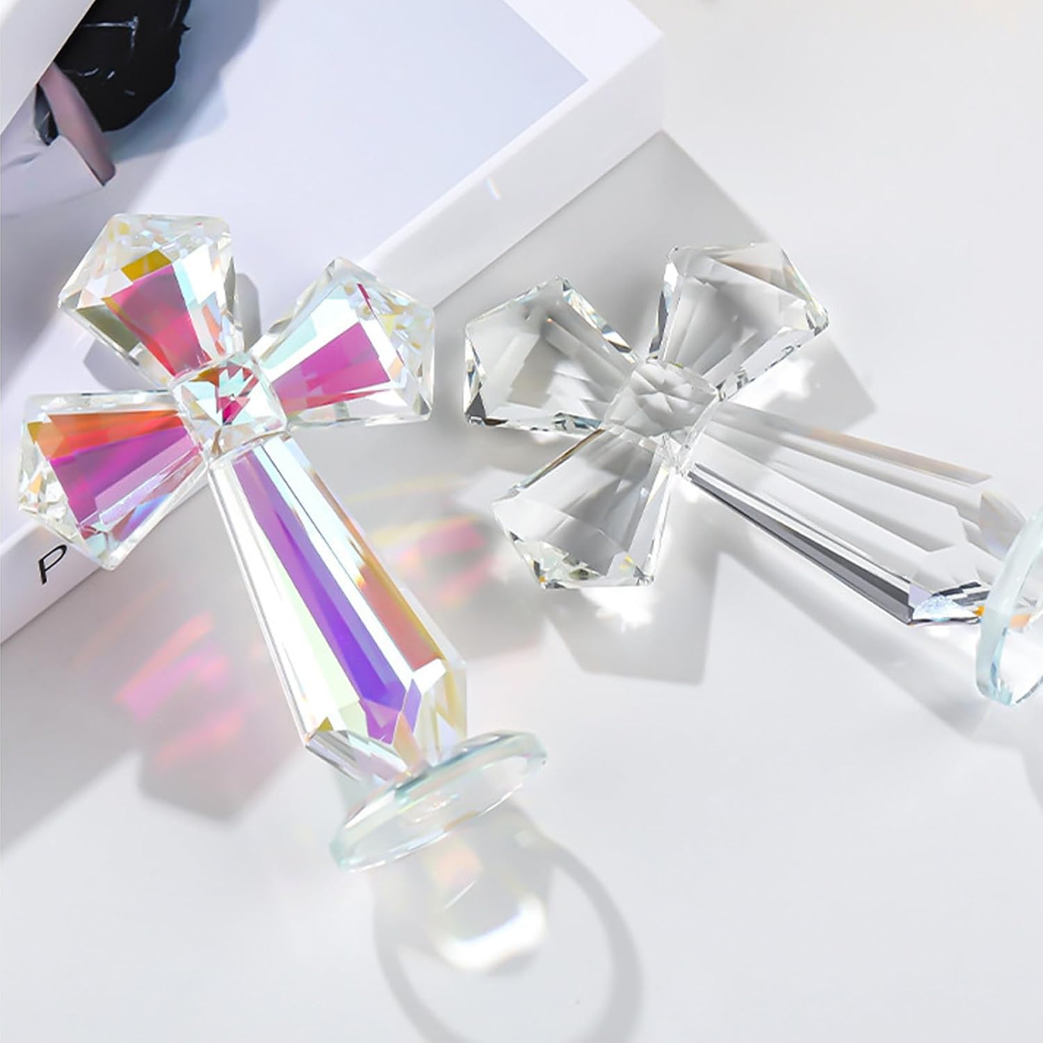 Hand-Carved Crystal Cross Desk Decor - 6 Inch Spiritual Gift for Christians, Clear K9 Crystal Religious Figurine with 360° Faceted Design, Home Altar & Office Inspirational Ornament