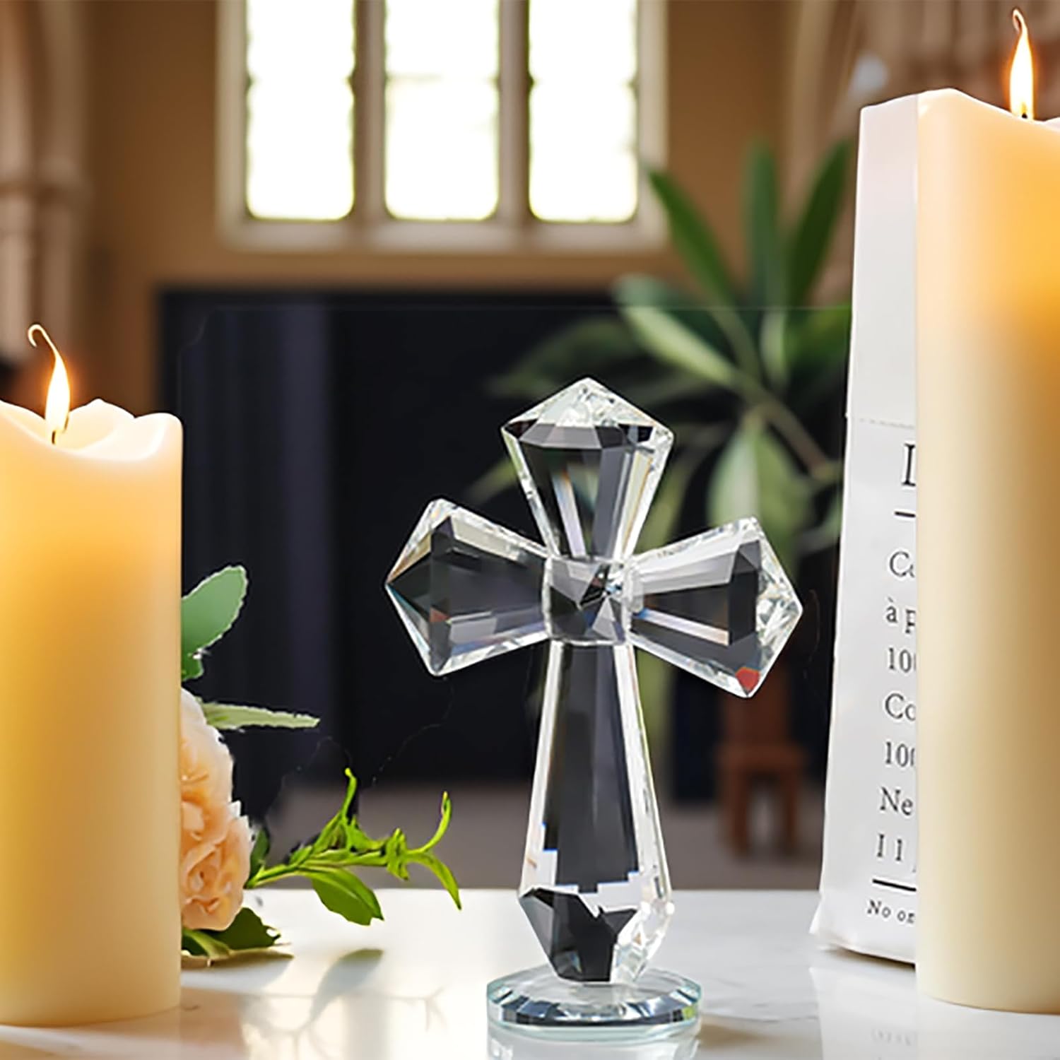 Hand-Carved Crystal Cross Desk Decor - 6 Inch Spiritual Gift for Christians, Clear K9 Crystal Religious Figurine with 360° Faceted Design, Home Altar & Office Inspirational Ornament