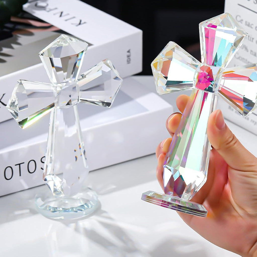 Hand-Carved Crystal Cross Desk Decor - 6 Inch Spiritual Gift for Christians, Clear K9 Crystal Religious Figurine with 360° Faceted Design, Home Altar & Office Inspirational Ornament