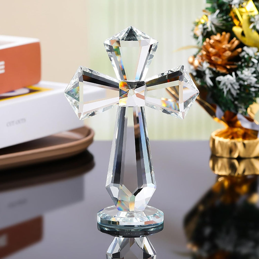 Hand-Carved Crystal Cross Desk Decor - 6 Inch Spiritual Gift for Christians, Clear K9 Crystal Religious Figurine with 360° Faceted Design, Home Altar & Office Inspirational Ornament