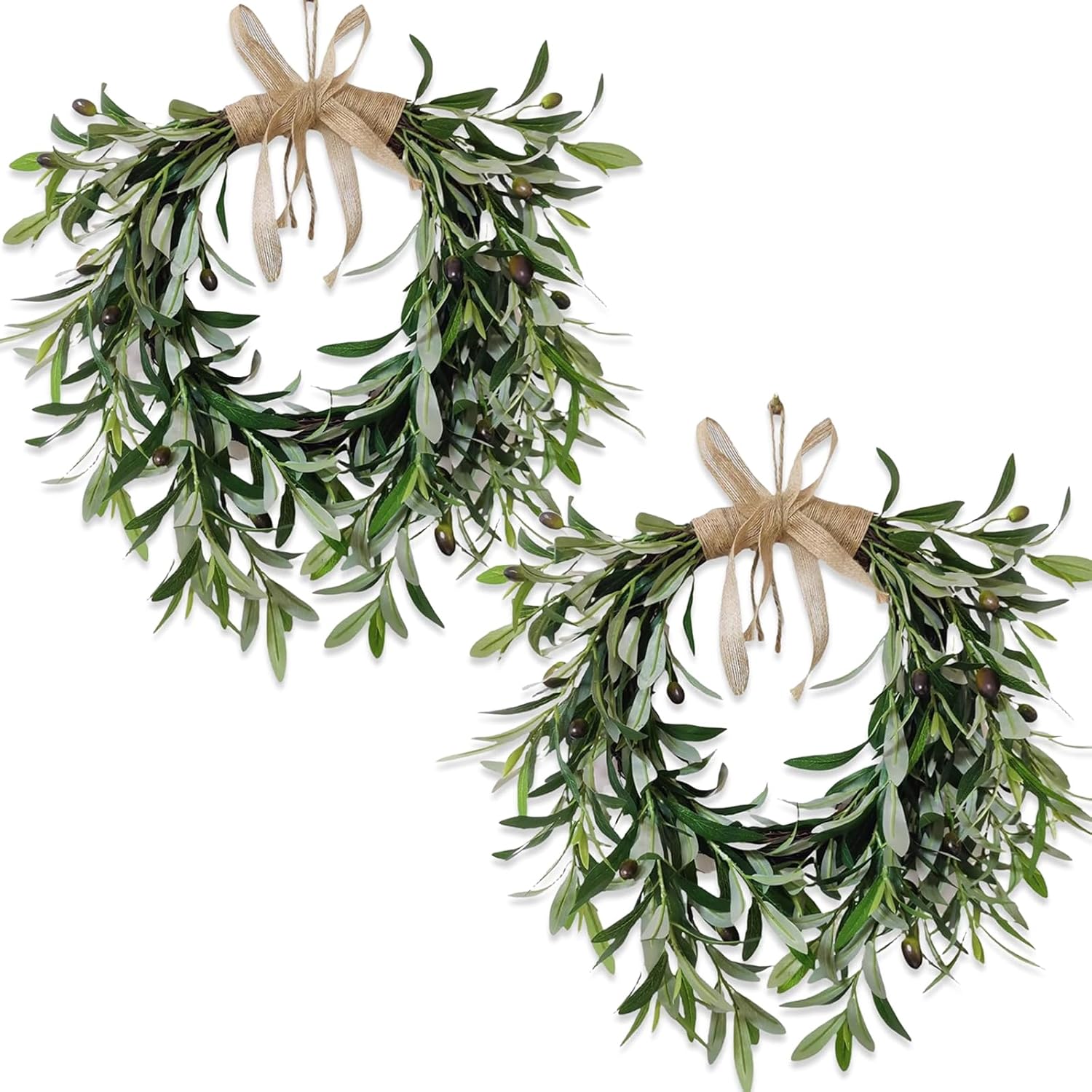 22" Heart Shaped Artificial Olive Leaf & Fruit Wreath - Realistic Green Olive Branches with Spring Floral Accents, Farmhouse Wall Door Wedding Arch Window Hanging for Indoor Outdoor Garden Decor （2-Pack）