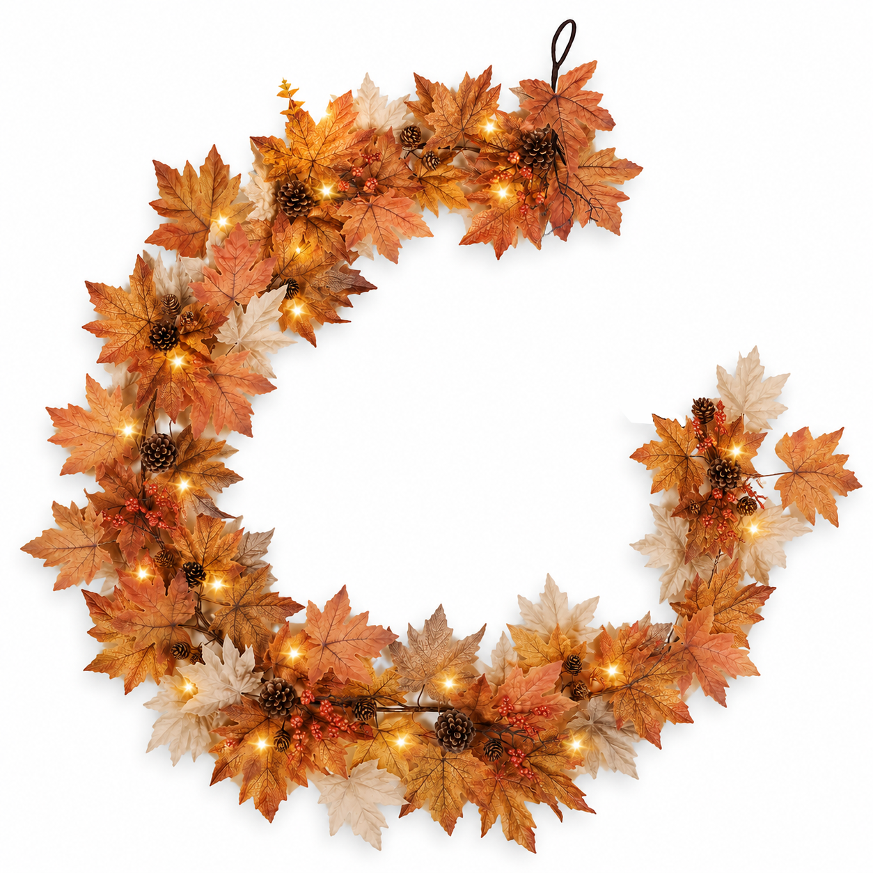 6 FT Fall Garland with Lights and Timer, Realistic Autumn Maple Leaves Garland with Berries and Pine Cones, Thanksgiving Decorations for Mantle Fireplace Porch Table Indoor Outdoor