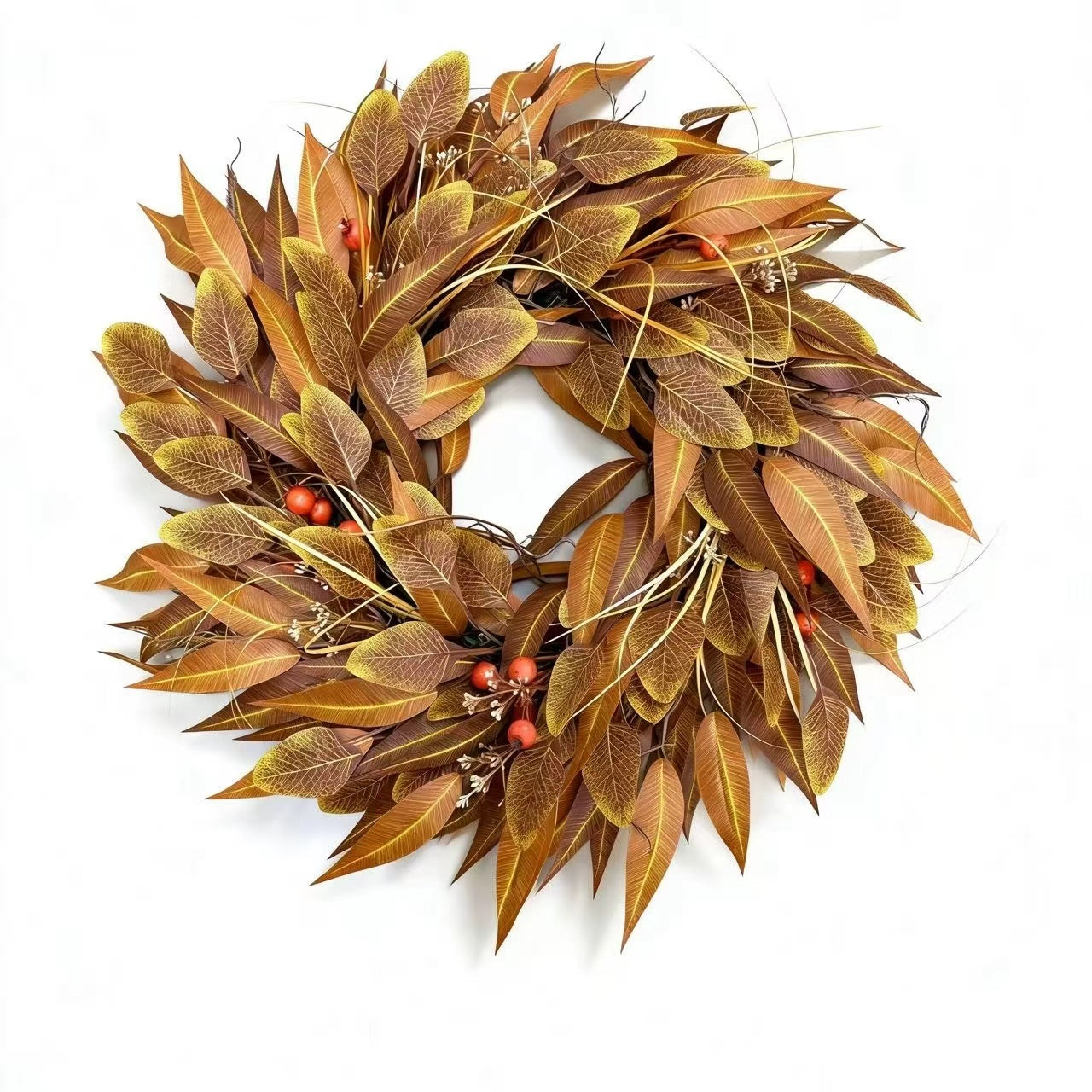 24 Inch Fall Wreath for Front Door, Artificial Autumn Leaves and Red Berry Wreath on Grapevine Base, Rustic Farmhouse Thanksgiving Harvest Decor for Indoor Covered Outdoor Wall Window Porch