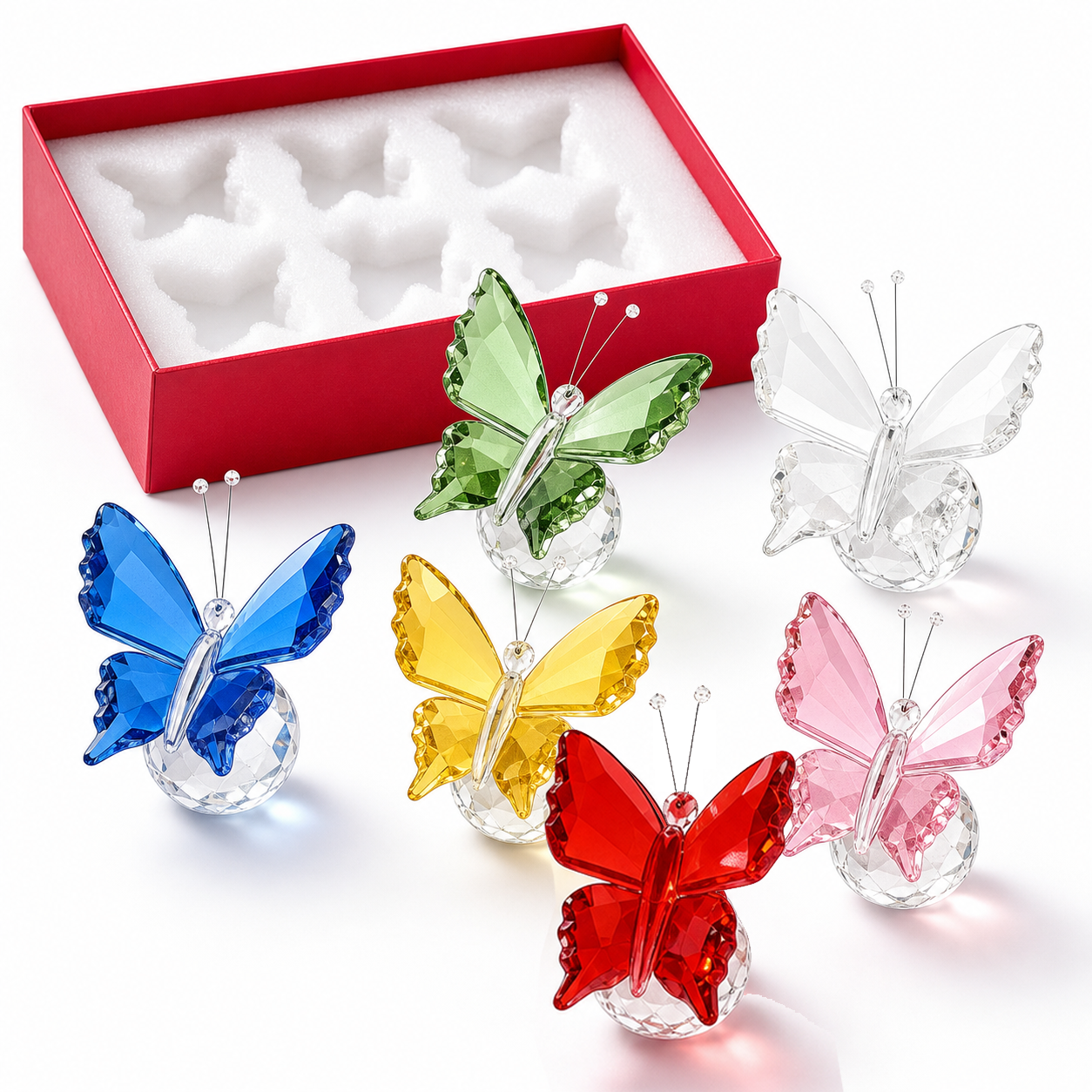 Crystal Butterfly Figurine Set of 6 – Colorful Flying Butterfly Glass Ornaments with Gift Box – Elegant Home Decor, Collectible Figurines, Wedding & Gift Decoration (Multicolor 6pcs)