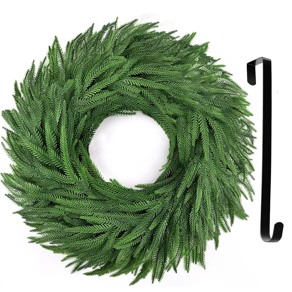 24 Inch Christmas Pine Wreath for Front Door with Hanger, Real Touch Artificial Green Wreath with Grapevine Base, Large Outdoor Indoor Holiday Farmhouse Winter Decor