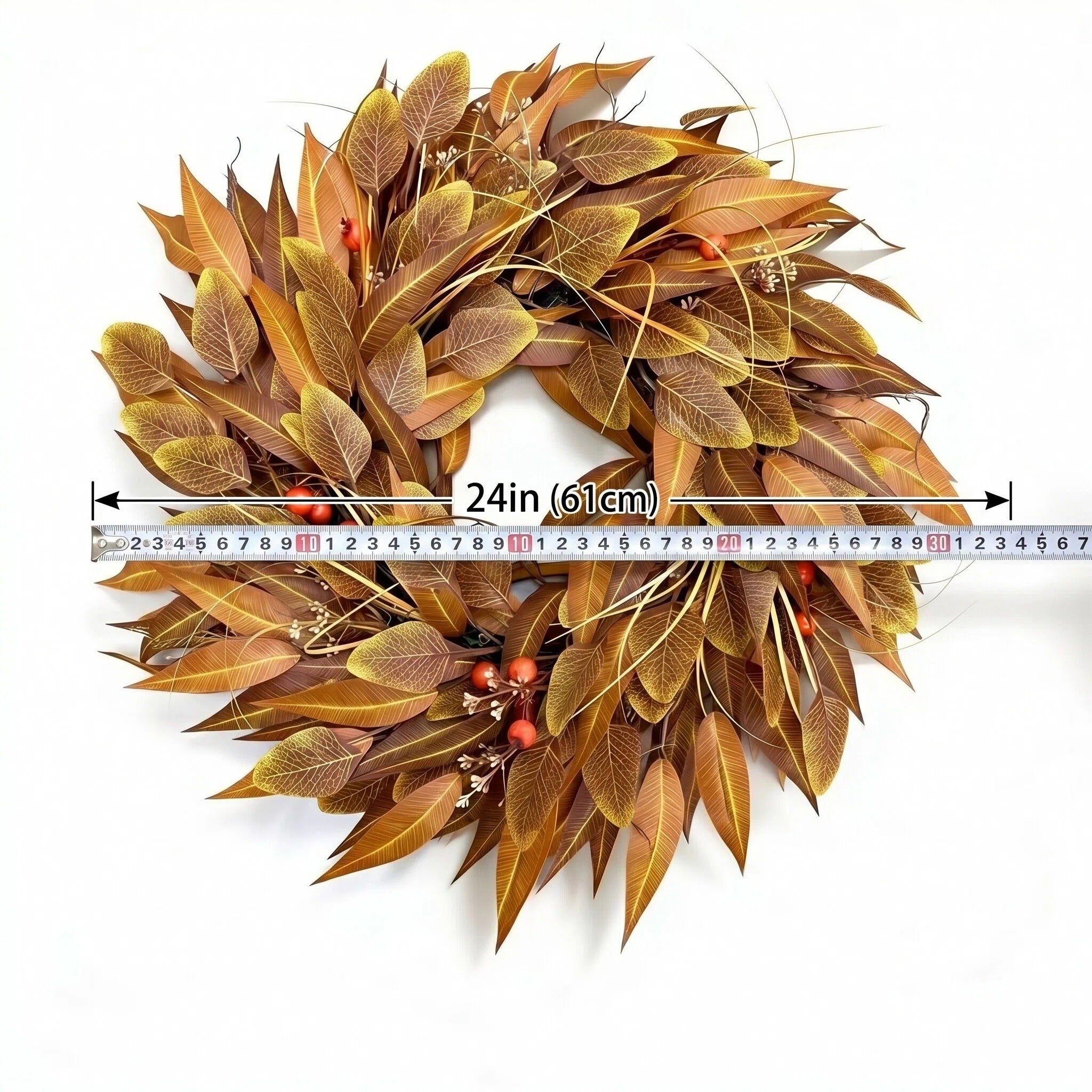 24 Inch Fall Wreath for Front Door, Artificial Autumn Leaves and Red Berry Wreath on Grapevine Base, Rustic Farmhouse Thanksgiving Harvest Decor for Indoor Covered Outdoor Wall Window Porch