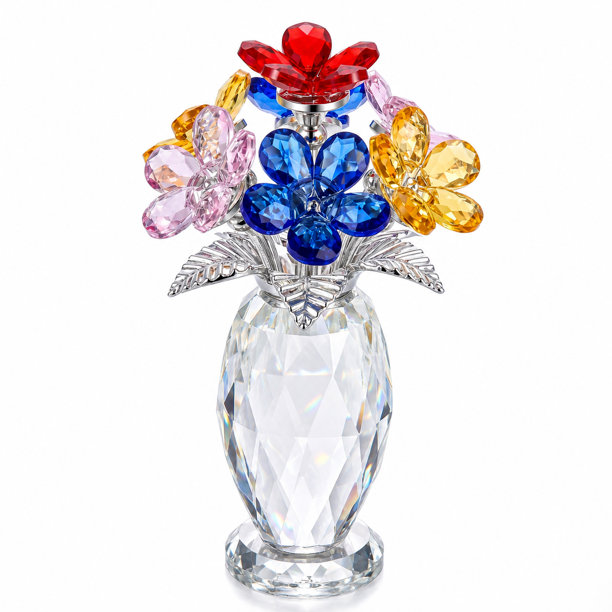 Colorful Crystal Flower Bouquet Figurine, Handmade K9 Crystal Glass Flowers Ornament with Red Pink Blue Yellow Blossoms, Forever Flower Collectible for Home Decor, Birthday Mother's Day