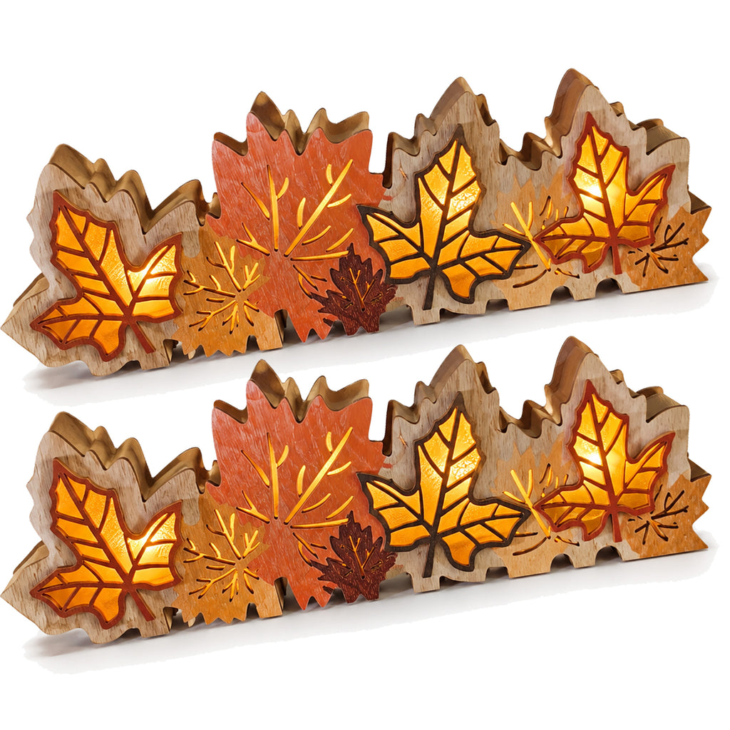 2 Pack Lighted Fall Maple Leaf Decor, Wooden Thanksgiving Table Centerpieces with Warm LED Lights, 3D Autumn Harvest Farmhouse Decorations for Mantel Shelf Desk Home Office