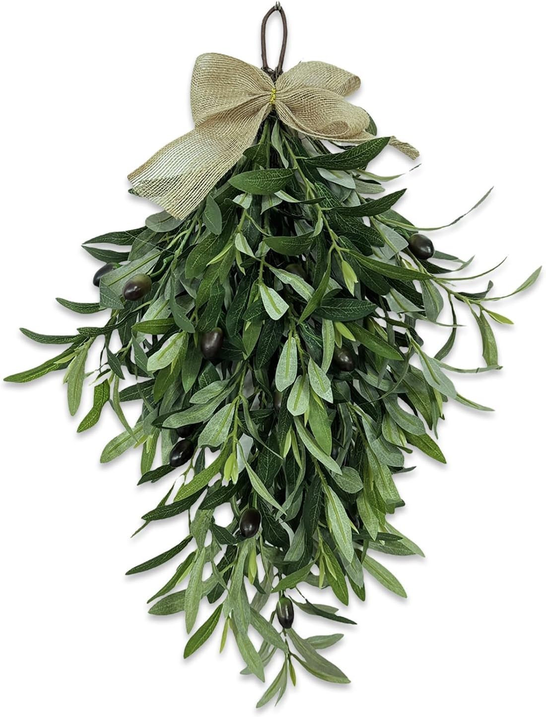 Upgraded 24" Artificial Olive Branch Teardrop Swag for Front Door – Fuller Realistic Faux Olive Leaf Greenery Wreath, Farmhouse Rustic Door Decoration for Wall, Porch, Indoor Outdoor Year Round Decor