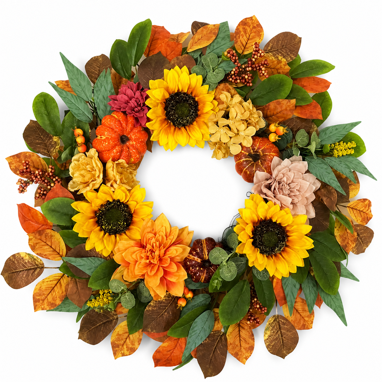 Fall Wreaths for Front Door 24 Inch, Autumn Wreath with Sunflowers, Pumpkins, Dahlias, Maple Leaves and Berries, Artificial Harvest Wreath for Thanksgiving Halloween Indoor Covered Outdoor Decor