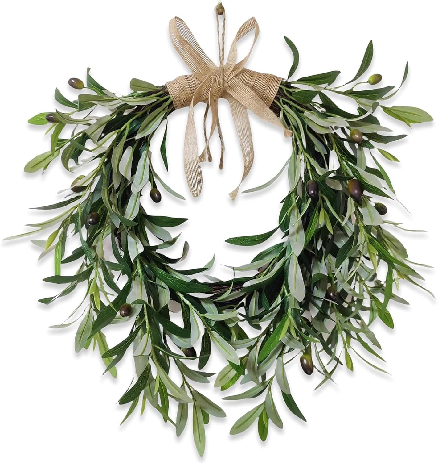22" Heart Shaped Artificial Olive Leaf & Fruit Wreath - Realistic Green Olive Branches with Spring Floral Accents, Farmhouse Wall Door Wedding Arch Window Hanging for Indoor Outdoor Garden Decor（Single Pack）