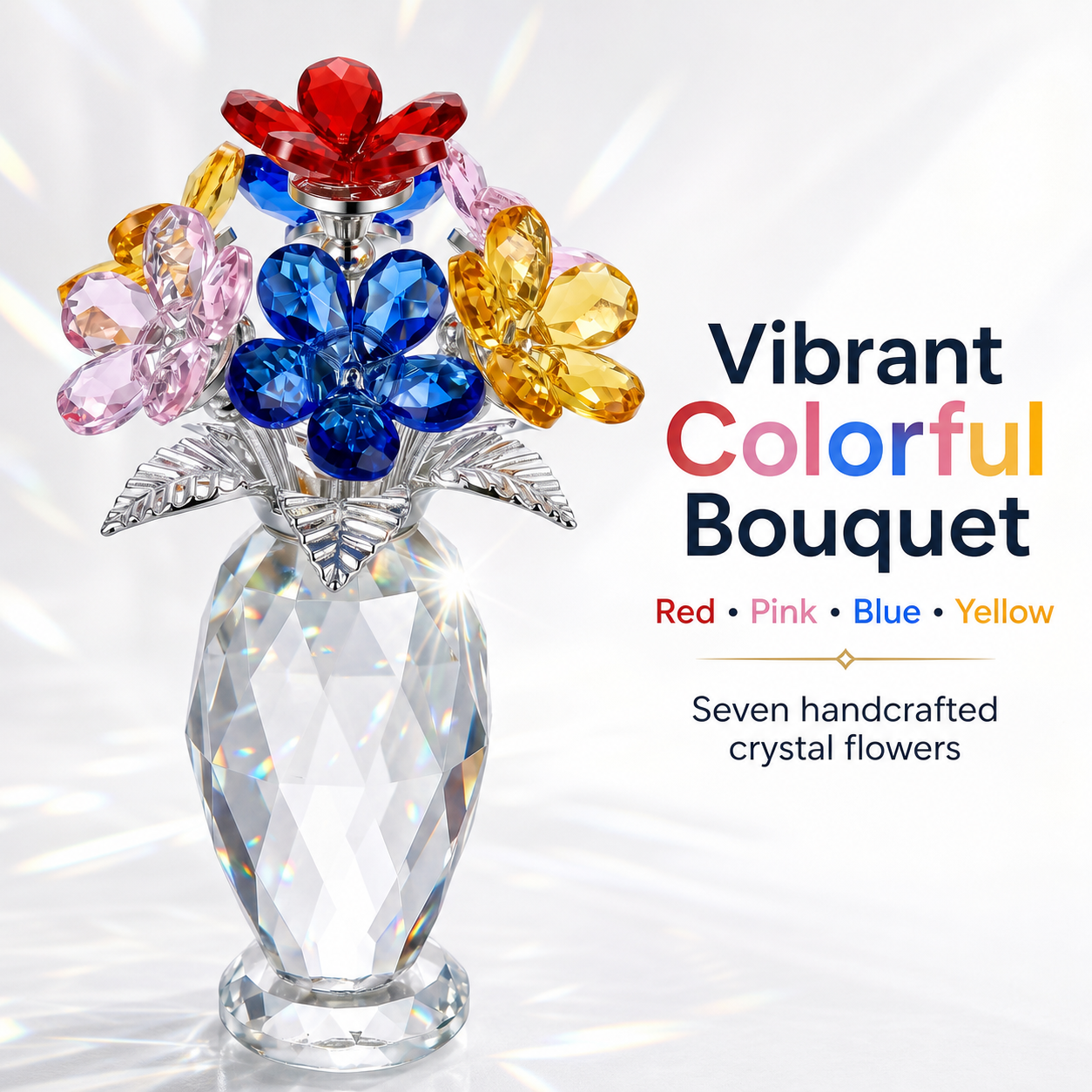Colorful Crystal Flower Bouquet Figurine, Handmade K9 Crystal Glass Flowers Ornament with Red Pink Blue Yellow Blossoms, Forever Flower Collectible for Home Decor, Birthday Mother's Day