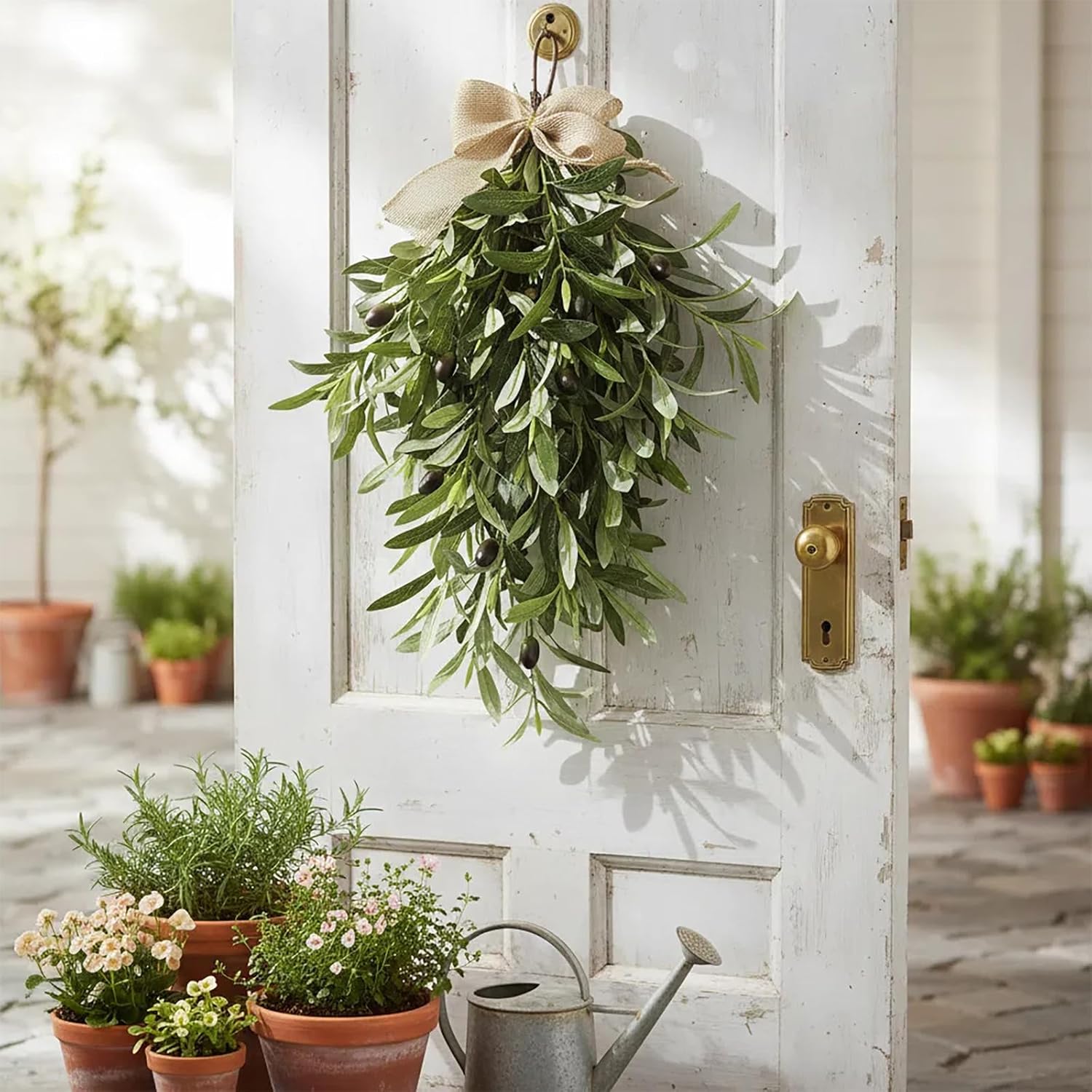 Upgraded 24" Artificial Olive Branch Teardrop Swag for Front Door – Fuller Realistic Faux Olive Leaf Greenery Wreath, Farmhouse Rustic Door Decoration for Wall, Porch, Indoor Outdoor Year Round Decor