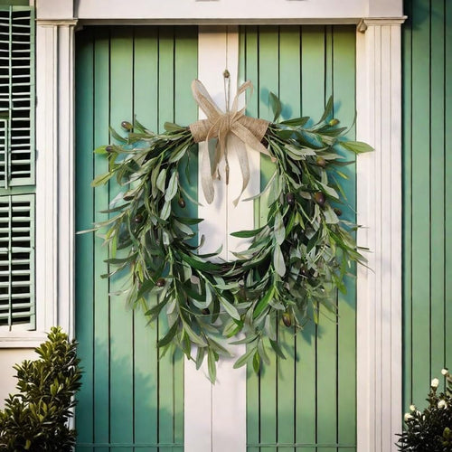 22" Heart Shaped Artificial Olive Leaf & Fruit Wreath - Realistic Green Olive Branches with Spring Floral Accents, Farmhouse Wall Door Wedding Arch Window Hanging for Indoor Outdoor Garden Decor（Single Pack）