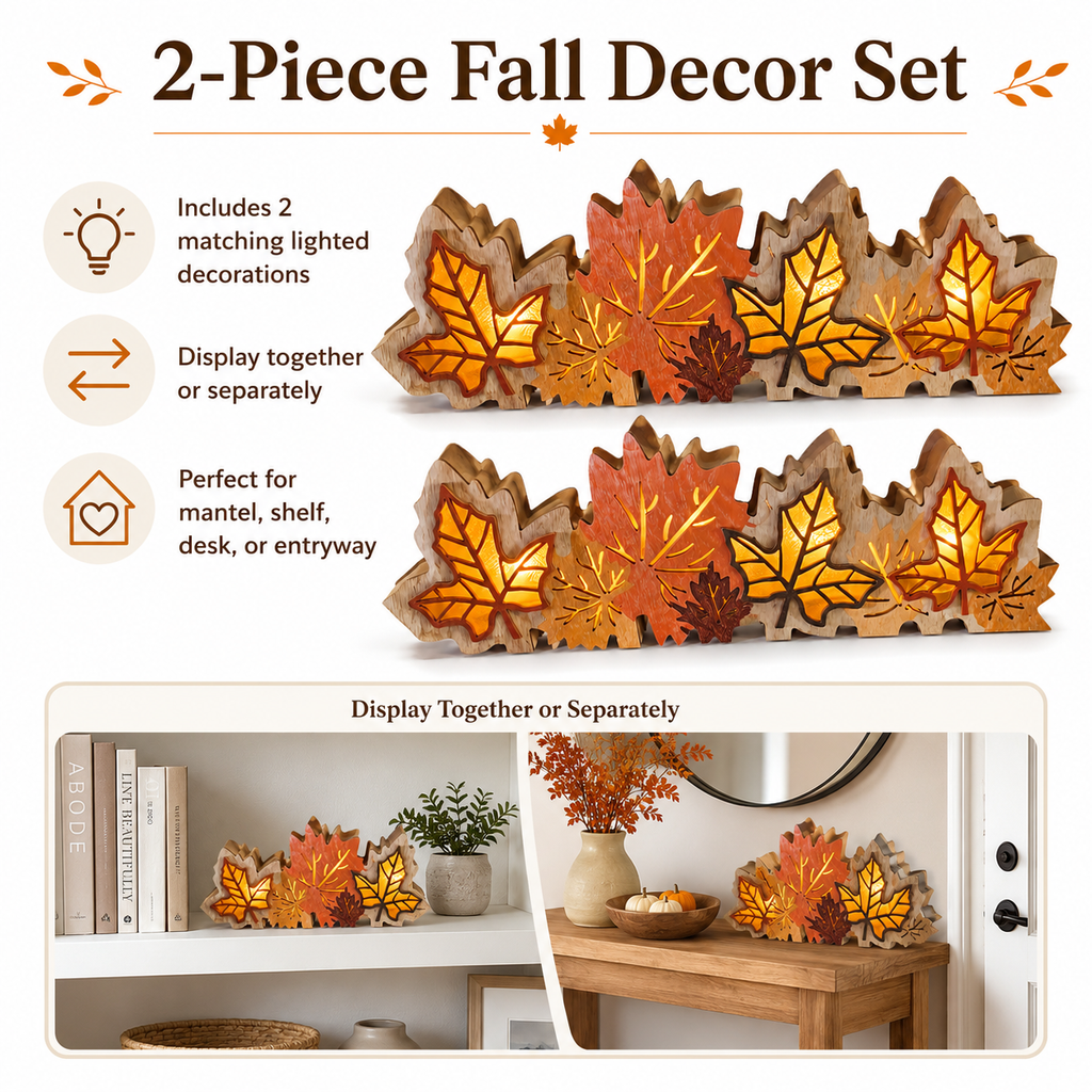 2 Pack Lighted Fall Maple Leaf Decor, Wooden Thanksgiving Table Centerpieces with Warm LED Lights, 3D Autumn Harvest Farmhouse Decorations for Mantel Shelf Desk Home Office