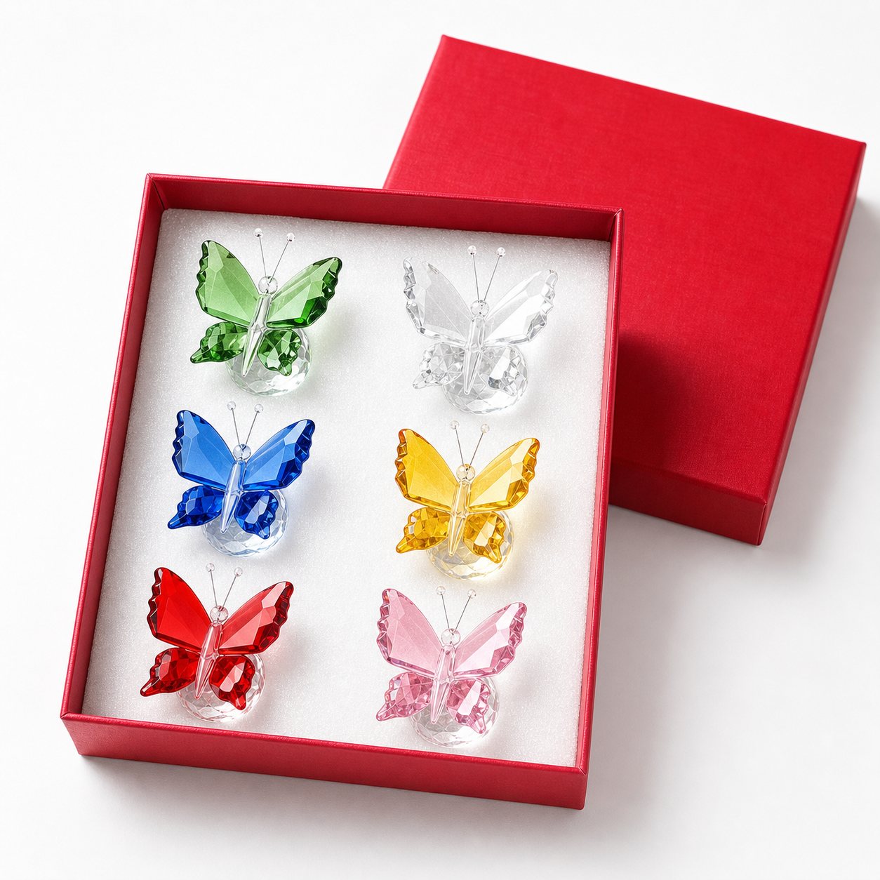 Crystal Butterfly Figurine Set of 6 – Colorful Flying Butterfly Glass Ornaments with Gift Box – Elegant Home Decor, Collectible Figurines, Wedding & Gift Decoration (Multicolor 6pcs)