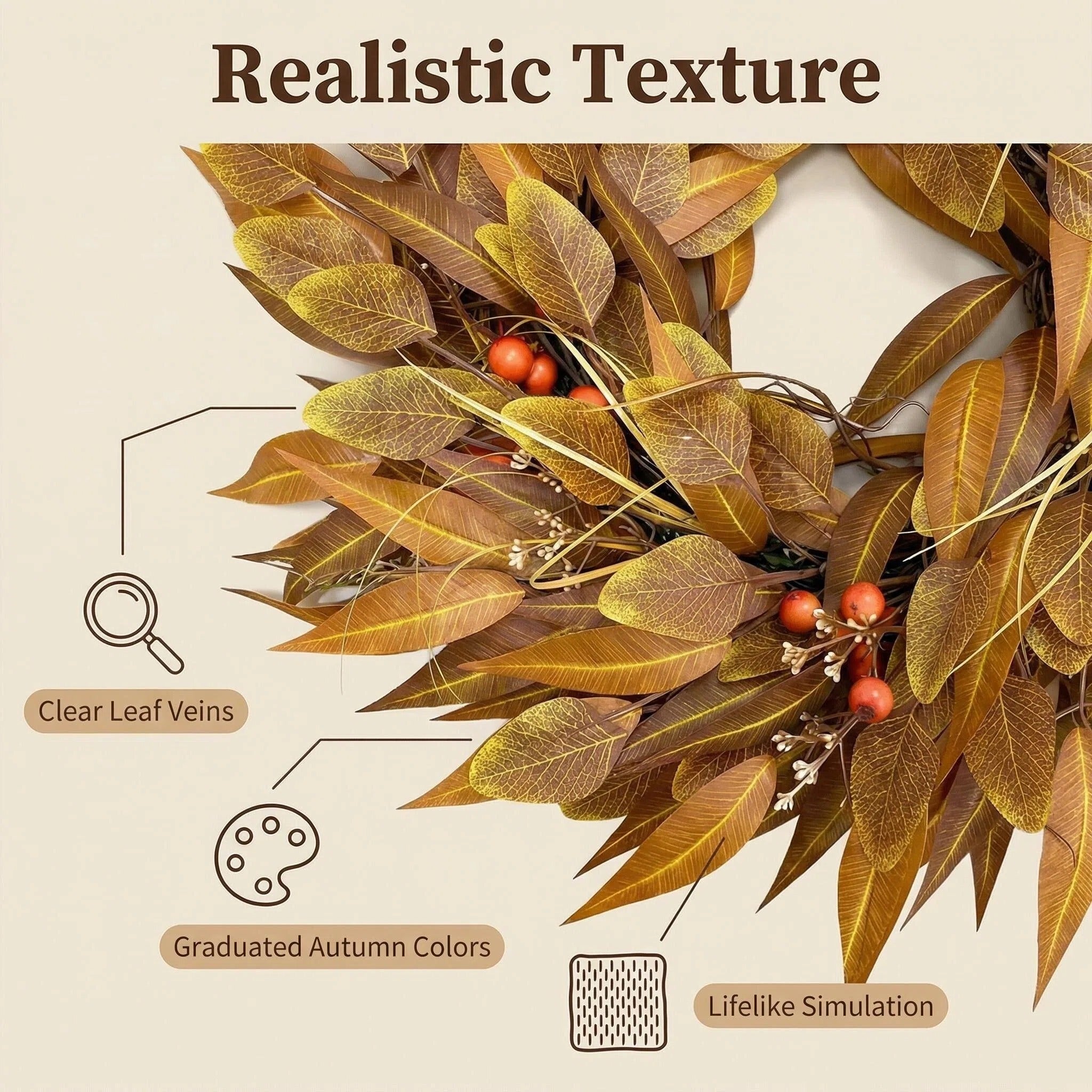 24 Inch Fall Wreath for Front Door, Artificial Autumn Leaves and Red Berry Wreath on Grapevine Base, Rustic Farmhouse Thanksgiving Harvest Decor for Indoor Covered Outdoor Wall Window Porch