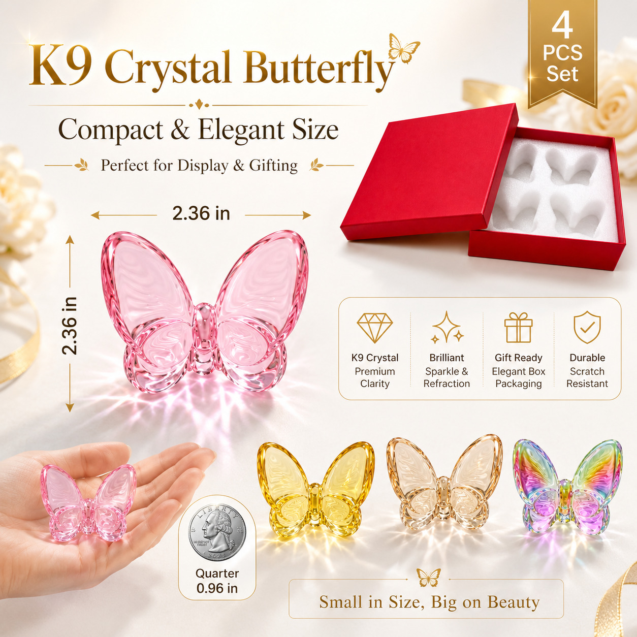 Crystal Butterfly Figurines Set of 4, 2.36 Inch K9 Crystal Butterfly Ornaments with Red Gift Box, Butterfly Decor Accents for Home, Christmas, Wedding, Birthday Gifts for Women(Multicolor 4pcs)