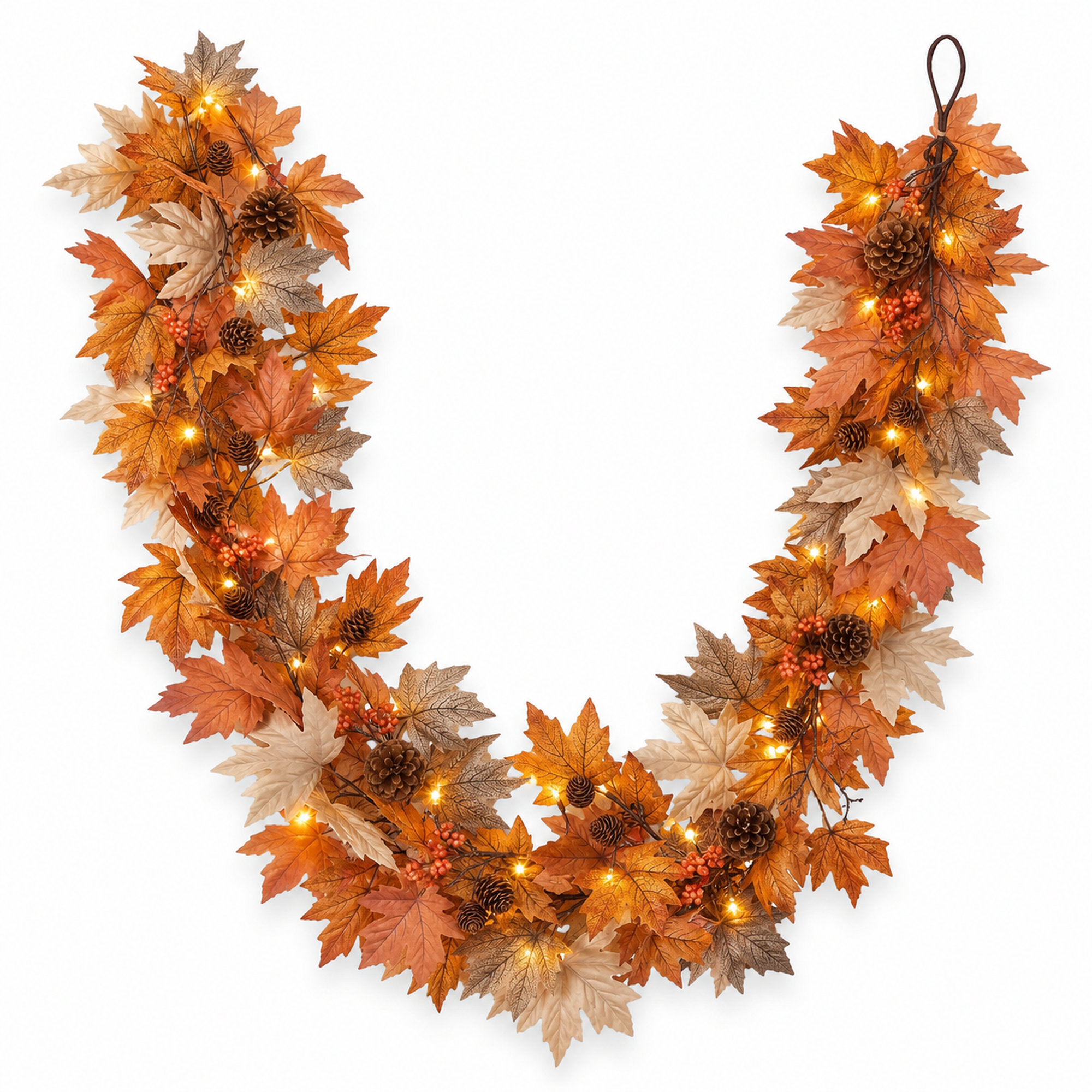 6 FT Fall Garland with Lights and Timer, Realistic Autumn Maple Leaves Garland with Berries and Pine Cones, Thanksgiving Decorations for Mantle Fireplace Porch Table Indoor Outdoor