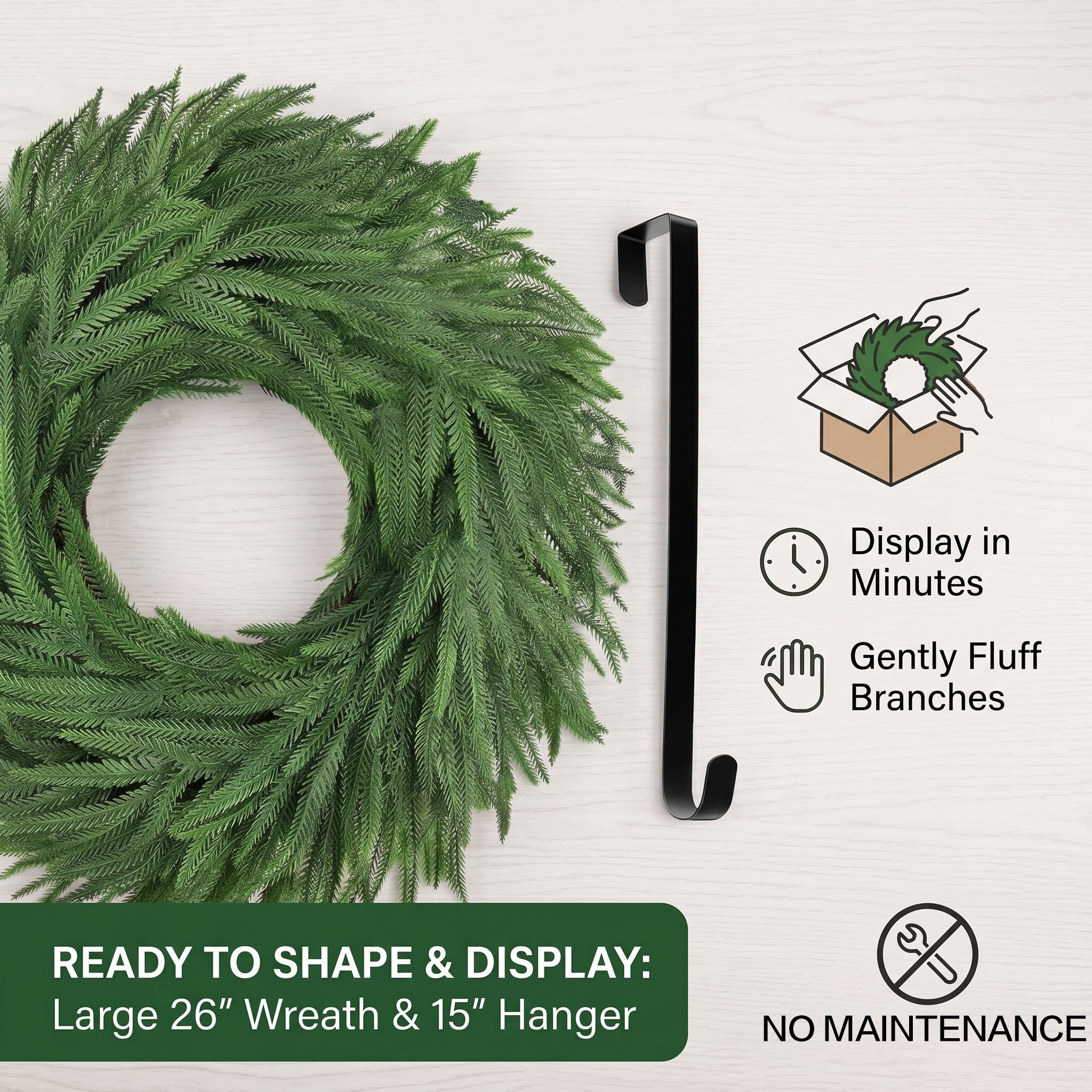 24 Inch Christmas Pine Wreath for Front Door with Hanger, Real Touch Artificial Green Wreath with Grapevine Base, Large Outdoor Indoor Holiday Farmhouse Winter Decor