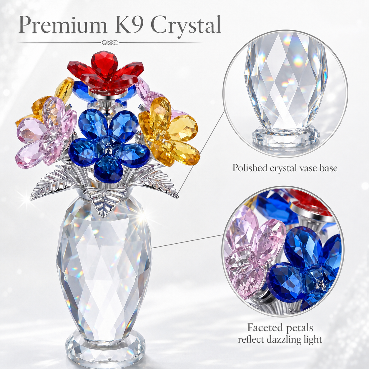 Colorful Crystal Flower Bouquet Figurine, Handmade K9 Crystal Glass Flowers Ornament with Red Pink Blue Yellow Blossoms, Forever Flower Collectible for Home Decor, Birthday Mother's Day