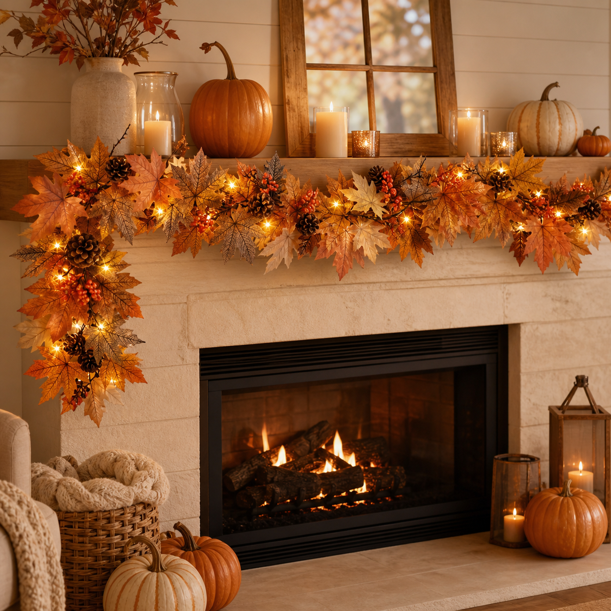 6 FT Fall Garland with Lights and Timer, Realistic Autumn Maple Leaves Garland with Berries and Pine Cones, Thanksgiving Decorations for Mantle Fireplace Porch Table Indoor Outdoor