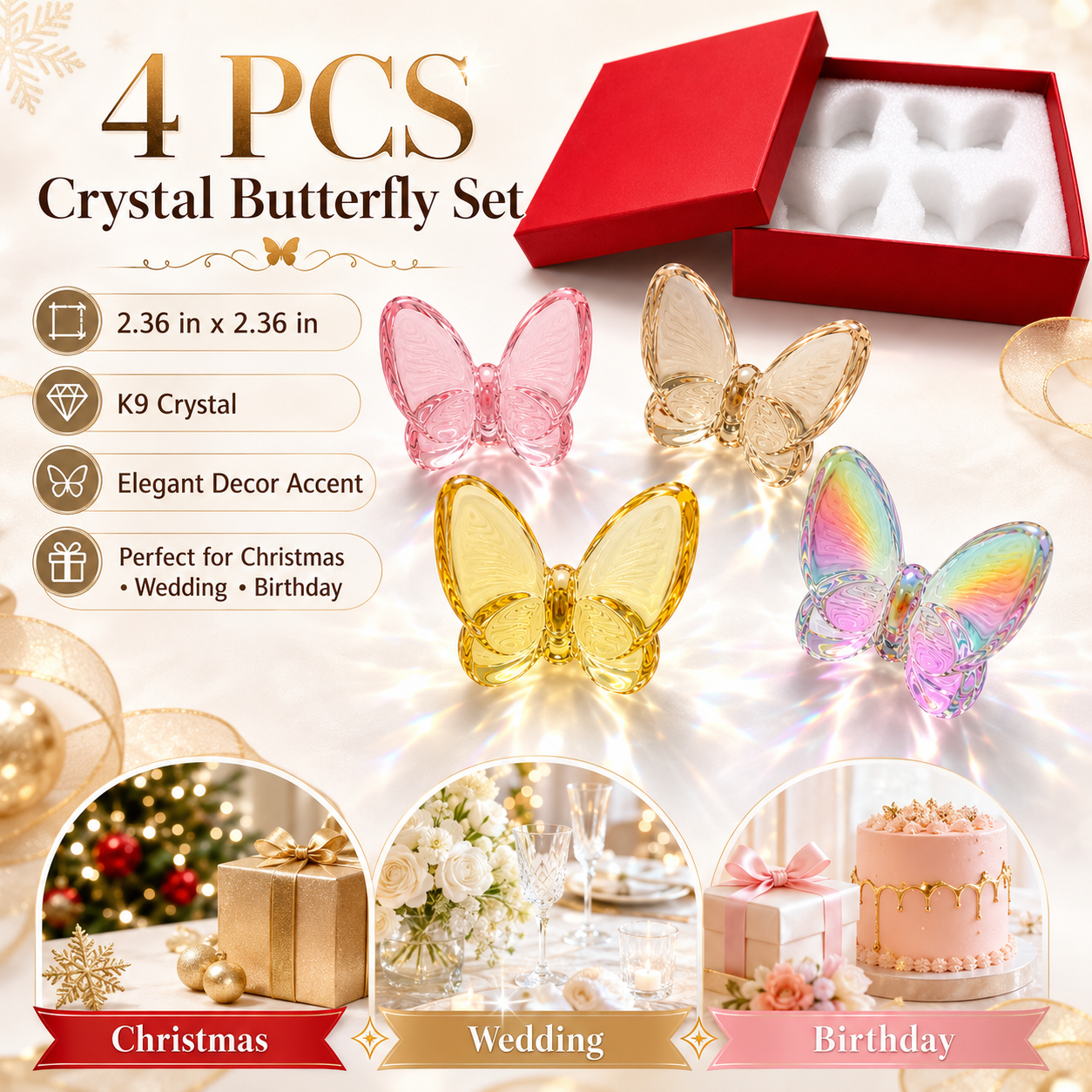 Crystal Butterfly Figurines Set of 4, 2.36 Inch K9 Crystal Butterfly Ornaments with Red Gift Box, Butterfly Decor Accents for Home, Christmas, Wedding, Birthday Gifts for Women(Multicolor 4pcs)