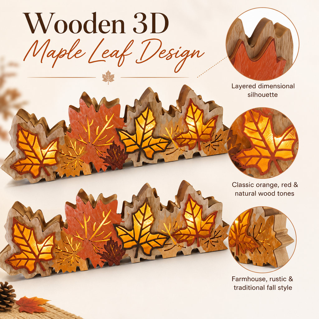 2 Pack Lighted Fall Maple Leaf Decor, Wooden Thanksgiving Table Centerpieces with Warm LED Lights, 3D Autumn Harvest Farmhouse Decorations for Mantel Shelf Desk Home Office