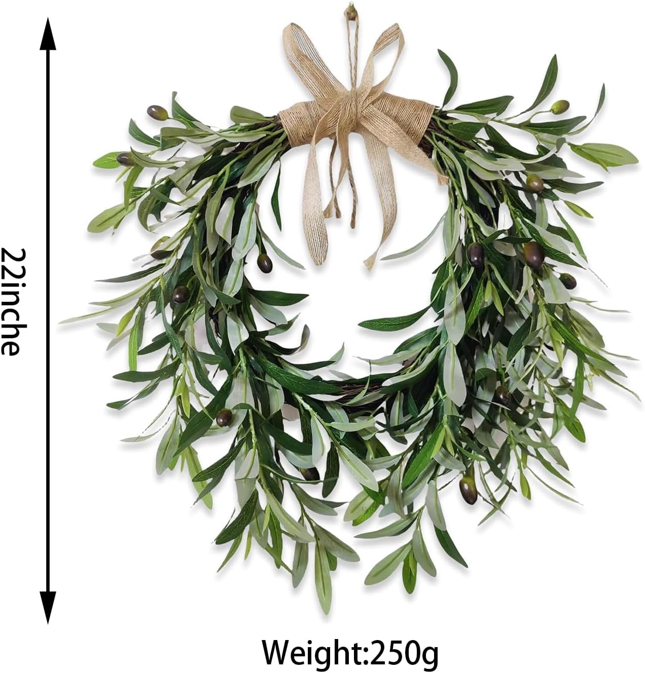 22" Heart Shaped Artificial Olive Leaf & Fruit Wreath - Realistic Green Olive Branches with Spring Floral Accents, Farmhouse Wall Door Wedding Arch Window Hanging for Indoor Outdoor Garden Decor（Single Pack）