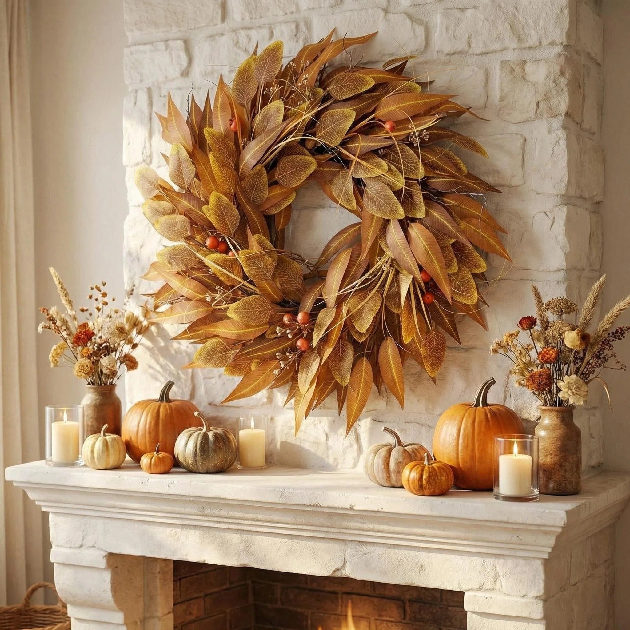 24 Inch Fall Wreath for Front Door, Artificial Autumn Leaves and Red Berry Wreath on Grapevine Base, Rustic Farmhouse Thanksgiving Harvest Decor for Indoor Covered Outdoor Wall Window Porch
