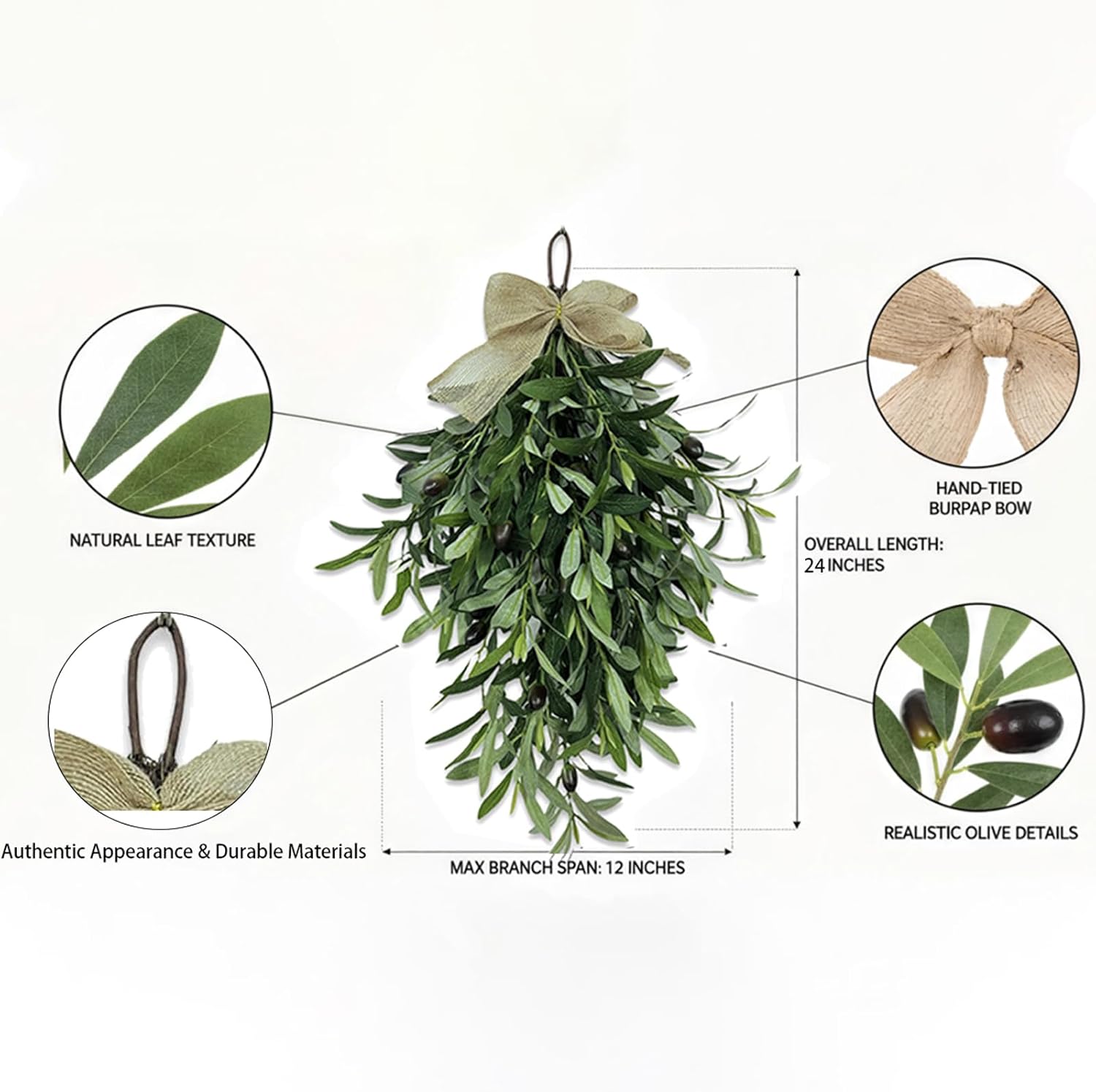 Upgraded 24" Artificial Olive Branch Teardrop Swag for Front Door – Fuller Realistic Faux Olive Leaf Greenery Wreath, Farmhouse Rustic Door Decoration for Wall, Porch, Indoor Outdoor Year Round Decor