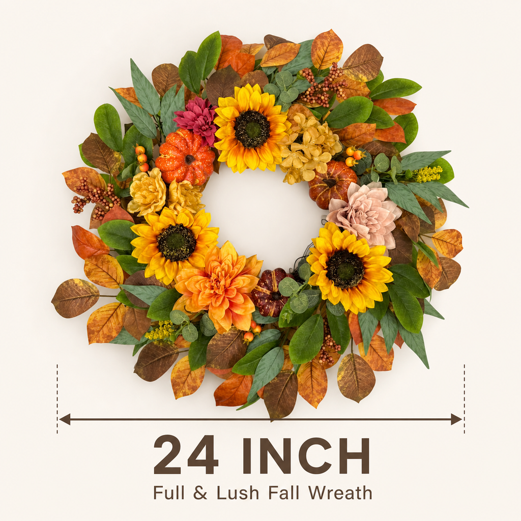 Fall Wreaths for Front Door 24 Inch, Autumn Wreath with Sunflowers, Pumpkins, Dahlias, Maple Leaves and Berries, Artificial Harvest Wreath for Thanksgiving Halloween Indoor Covered Outdoor Decor
