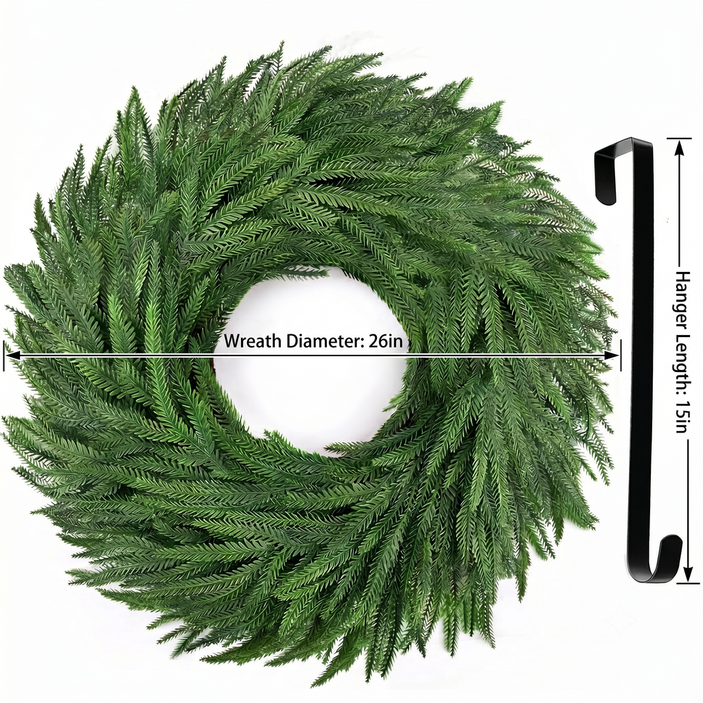 24 Inch Christmas Pine Wreath for Front Door with Hanger, Real Touch Artificial Green Wreath with Grapevine Base, Large Outdoor Indoor Holiday Farmhouse Winter Decor