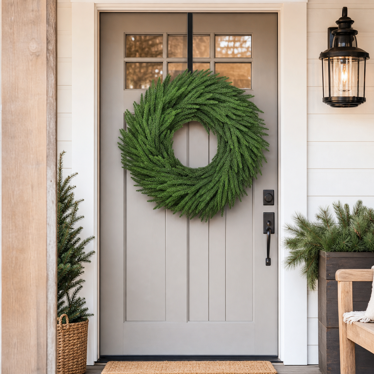 24 Inch Christmas Pine Wreath for Front Door with Hanger, Real Touch Artificial Green Wreath with Grapevine Base, Large Outdoor Indoor Holiday Farmhouse Winter Decor