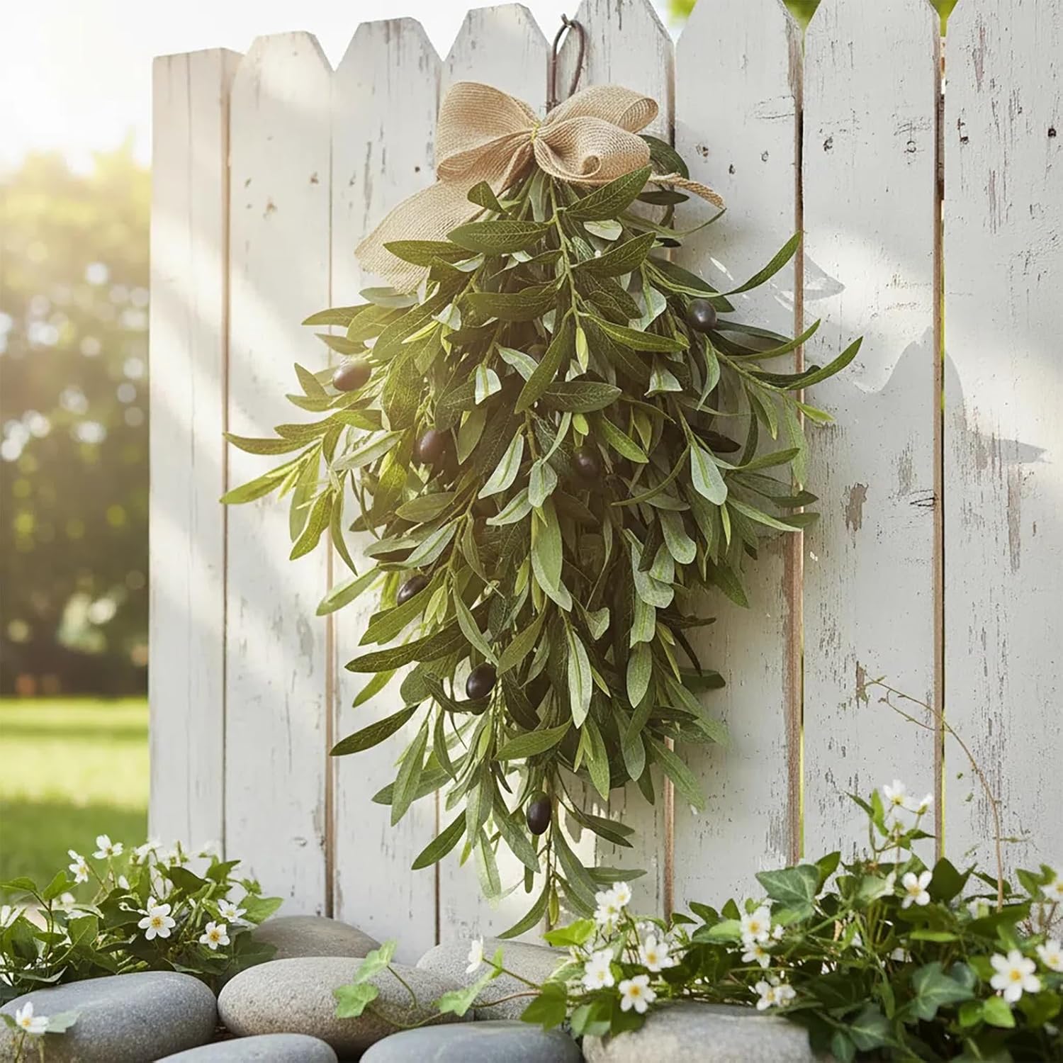 Upgraded 24" Artificial Olive Branch Teardrop Swag for Front Door – Fuller Realistic Faux Olive Leaf Greenery Wreath, Farmhouse Rustic Door Decoration for Wall, Porch, Indoor Outdoor Year Round Decor